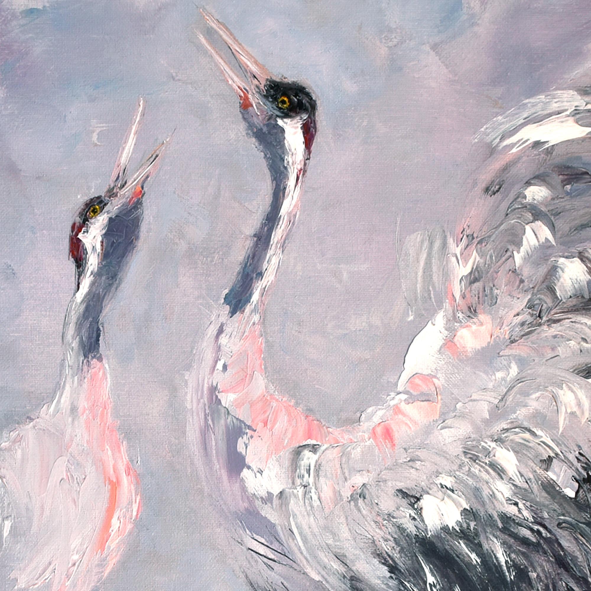 Grullas al amanecer Óleo original - Animal Painting Gris de Oxana Shimanchuk