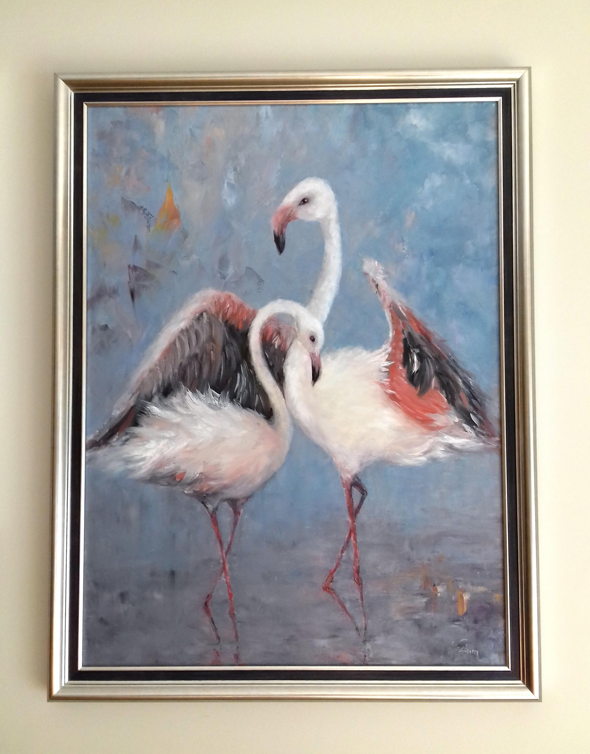 Flamingos in the saltpans of Aveiro. Original oil painting - Painting by Oxana Shimanchuk