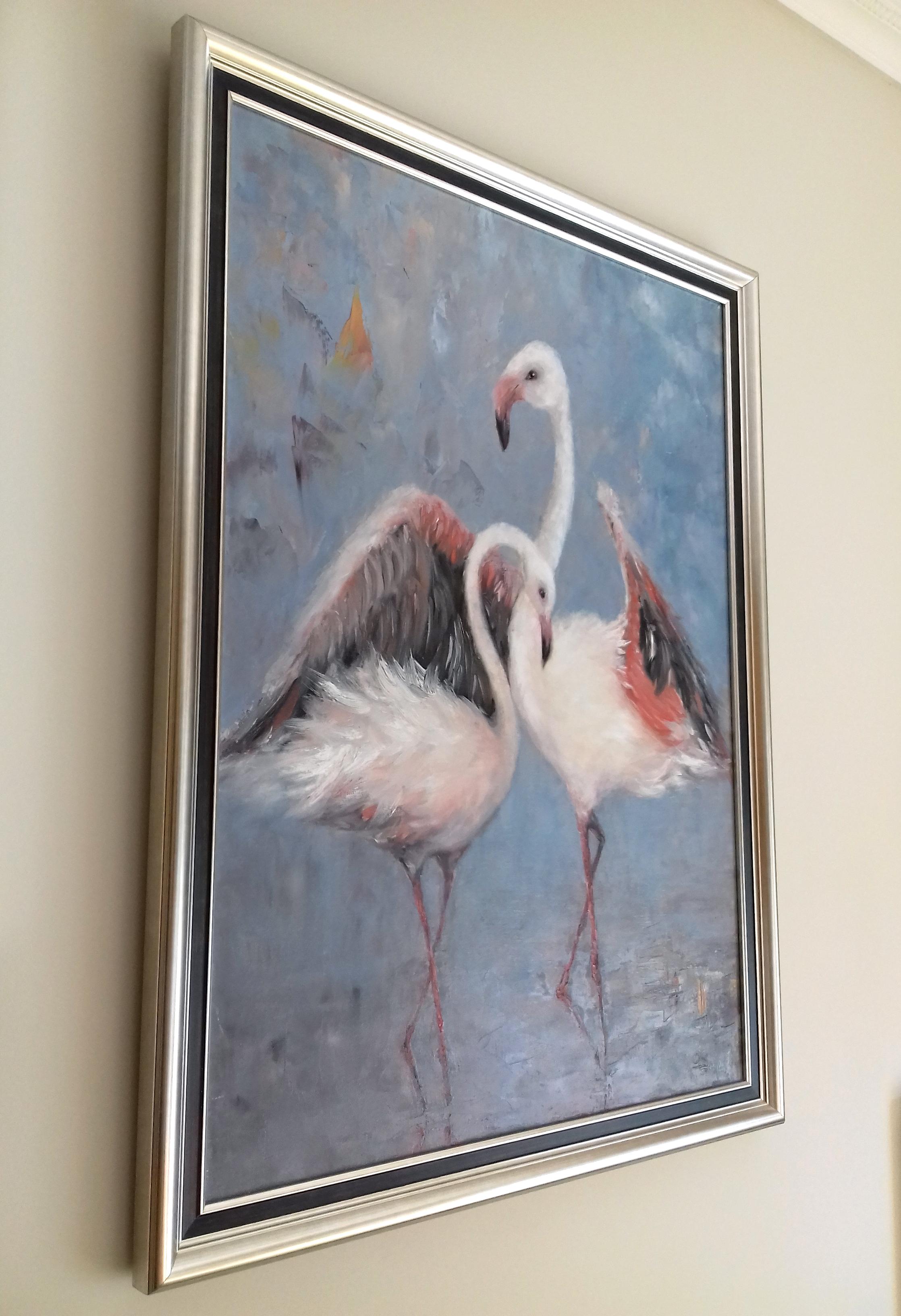 Flamingos in the saltpans of Aveiro. Original oil painting - Impressionist Painting by Oxana Shimanchuk