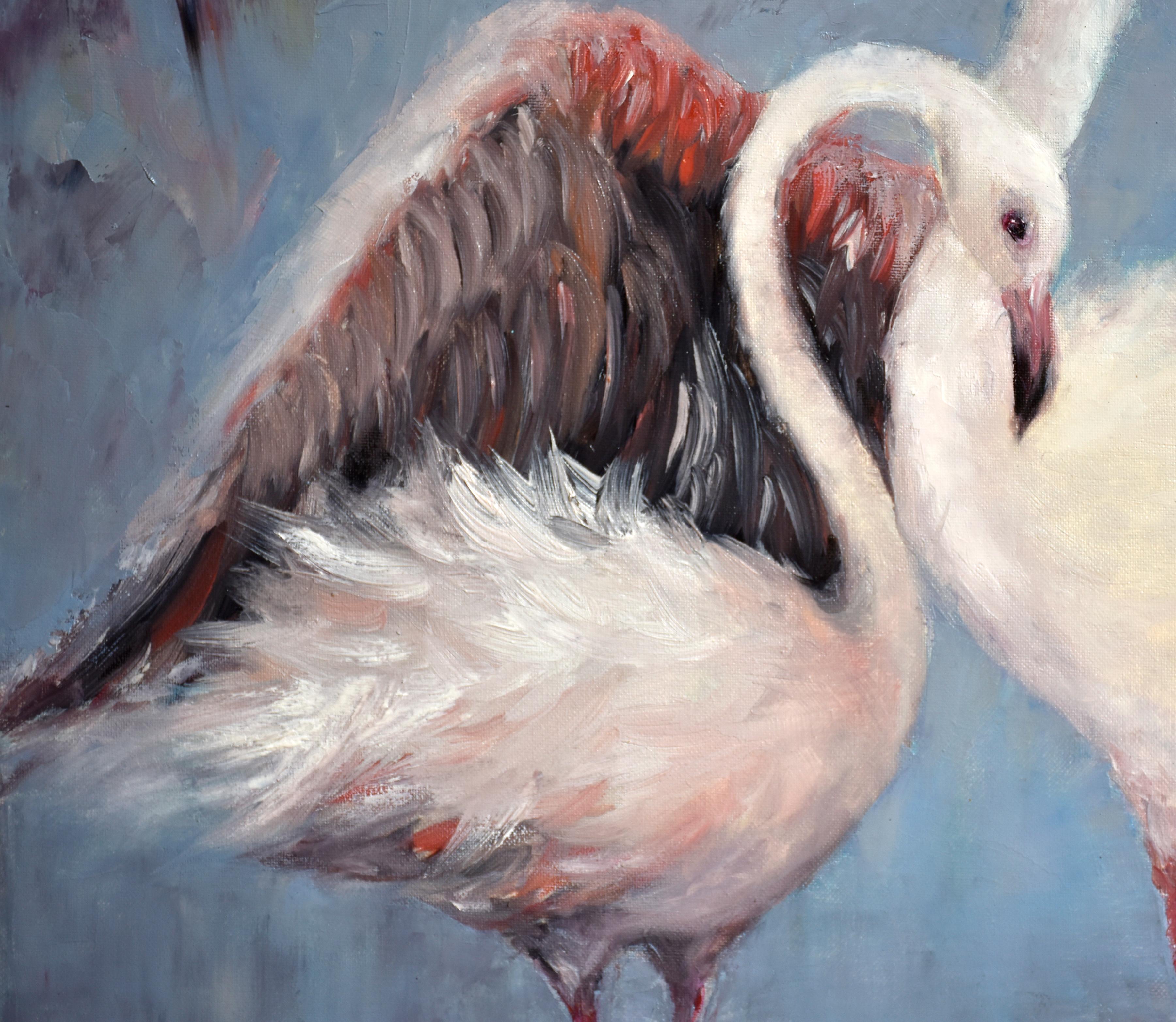 Flamingos in the saltpans of Aveiro. Original oil painting - Gray Animal Painting by Oxana Shimanchuk