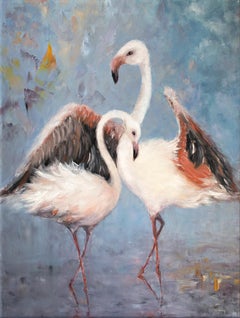 Flamingos dans les salières d'Aveiro. Peinture à l'huile originale