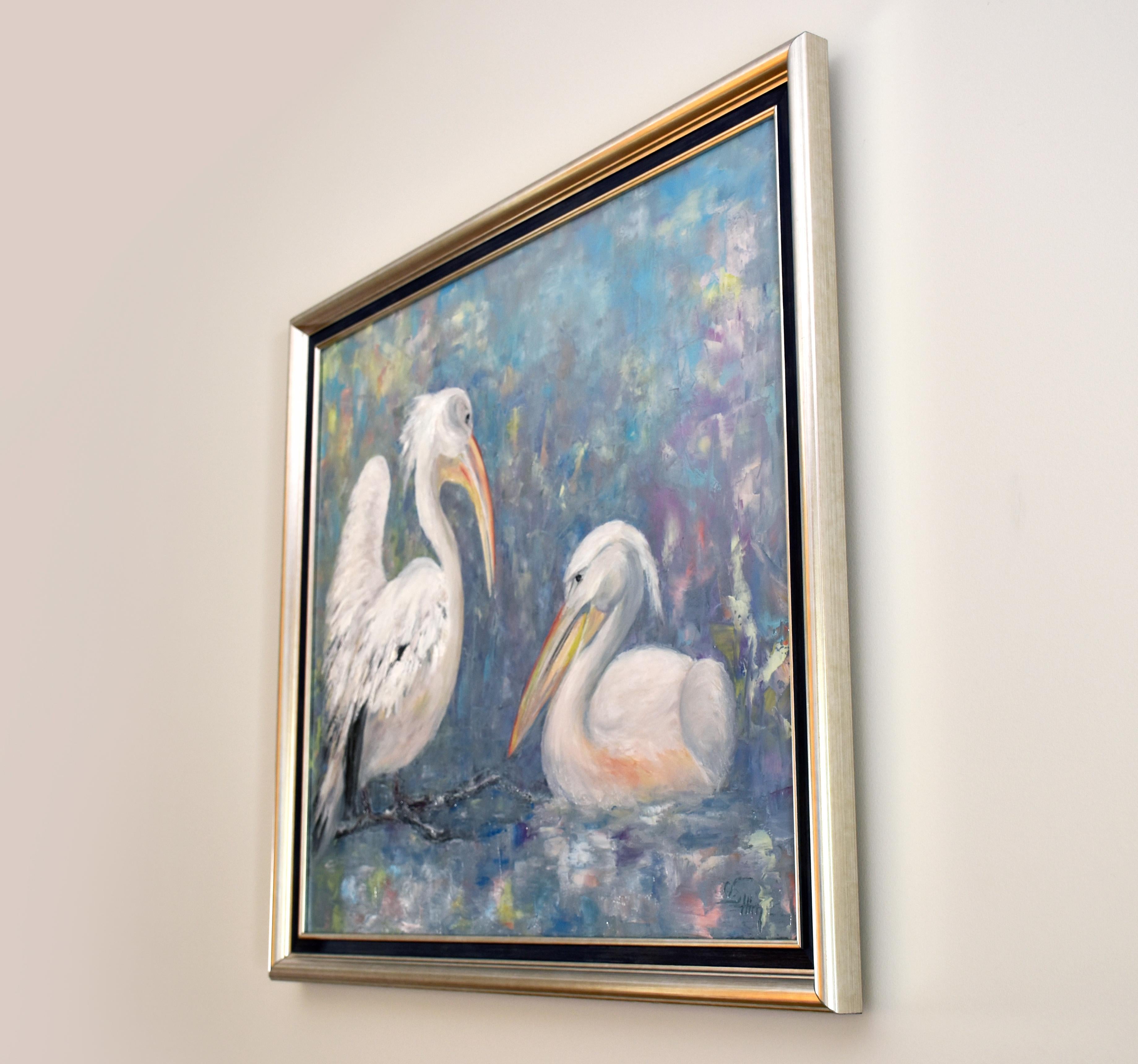 Pelikane. Original Ölgemälde (Grau), Animal Painting, von Oxana Shimanchuk