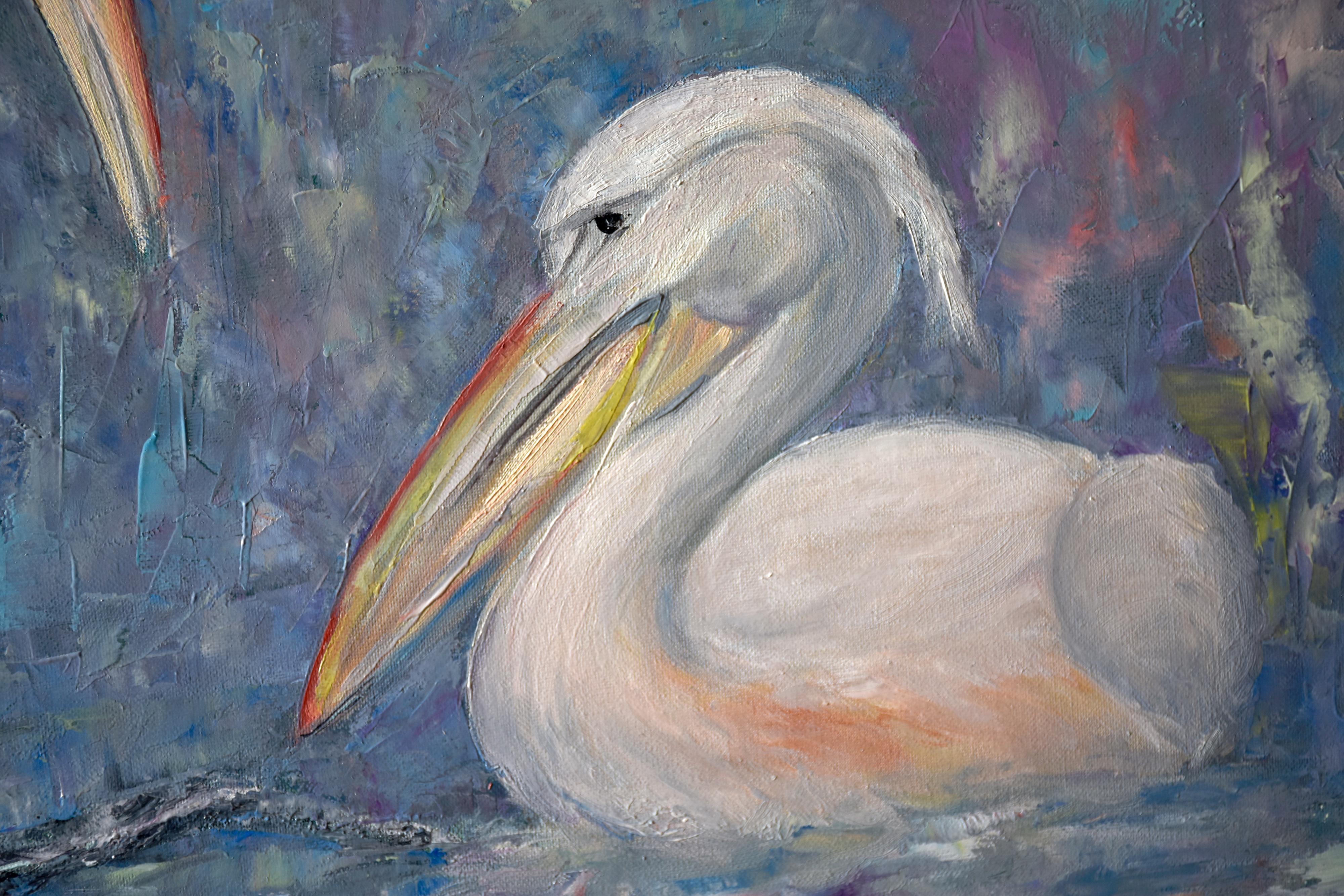 Der Besuch des Vogelparks und die Kommunikation mit diesen erstaunlichen Pelikanvögeln haben mich zu diesem Kunstwerk inspiriert.u2028u2028Die Kunstwerke wurden mit Leichtigkeit gemalt, mit großen pastosen Strichen, nicht nur mit einem Pinsel,