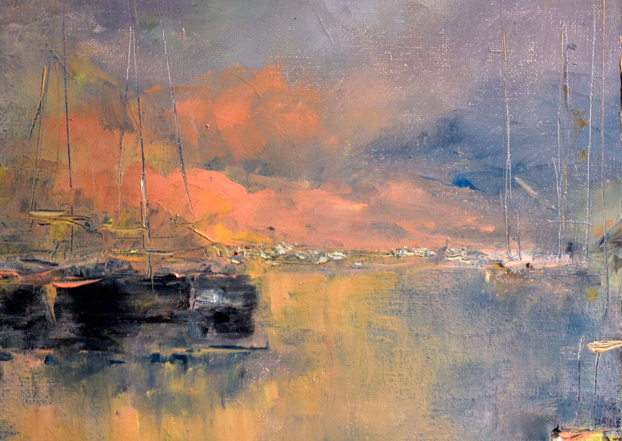 Sailboats at nightfall. Original oil painting - Impressionist Painting by Oxana Shimanchuk
