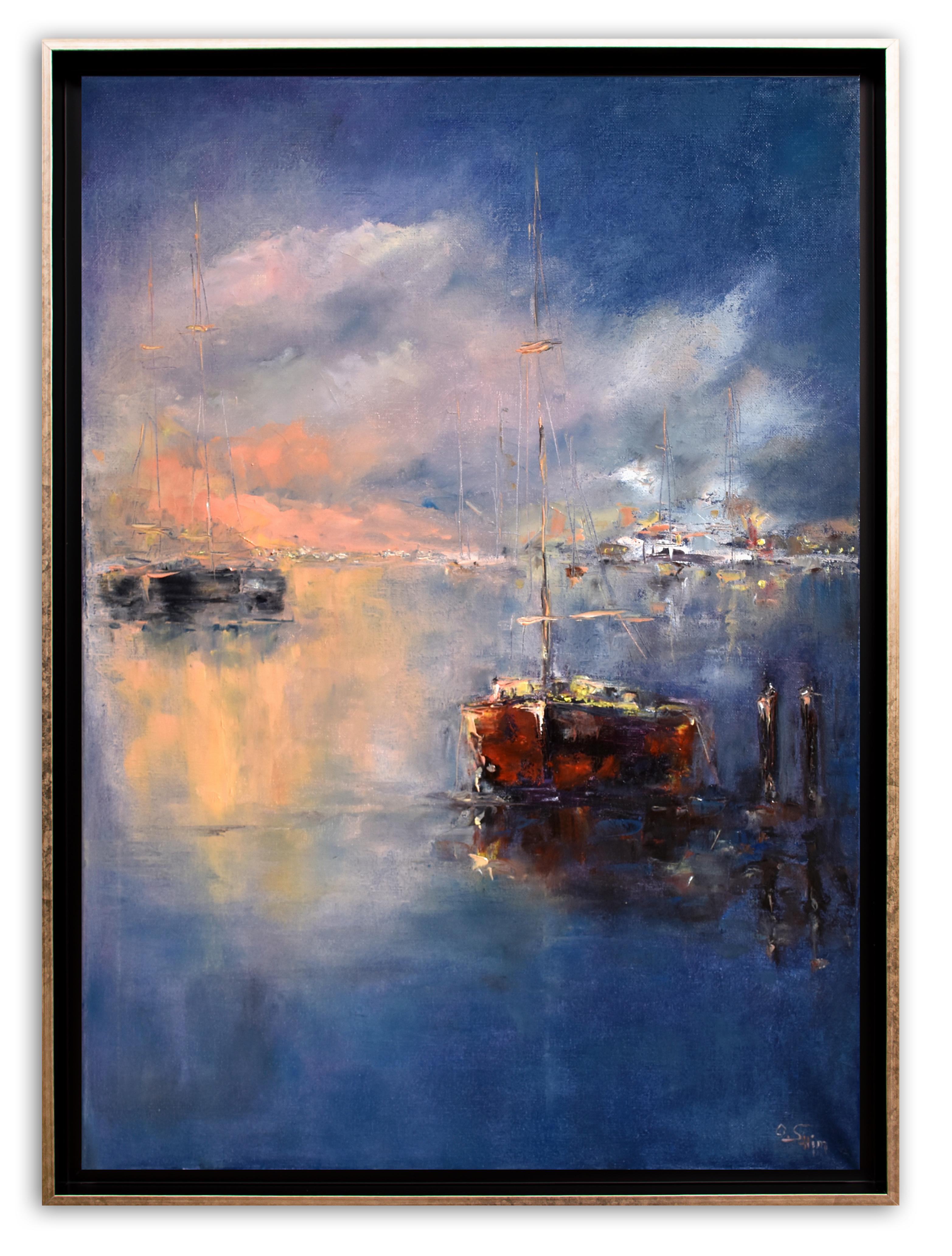 This painting is part of the “Sailboats” series. This series was created with the idea of maintaining the same setting, composition and perspective, but each painting conveys an unlimited variety of changing colours, tones, feelings and thoughts