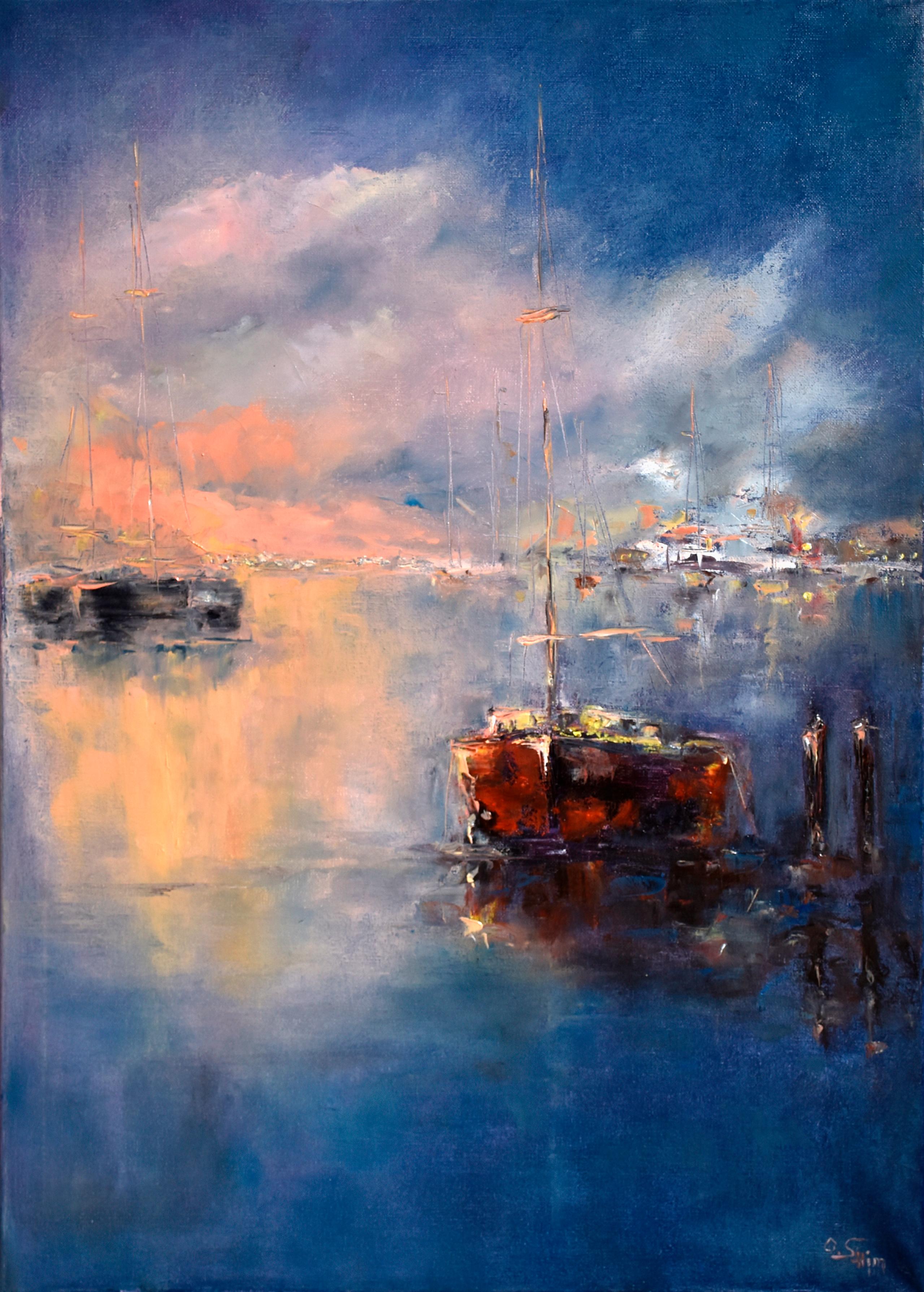 Oxana Shimanchuk Landscape Painting - Sailboats at nightfall. Original oil painting