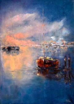 Voiliers à la tombée de la nuit. Peinture à l'huile originale