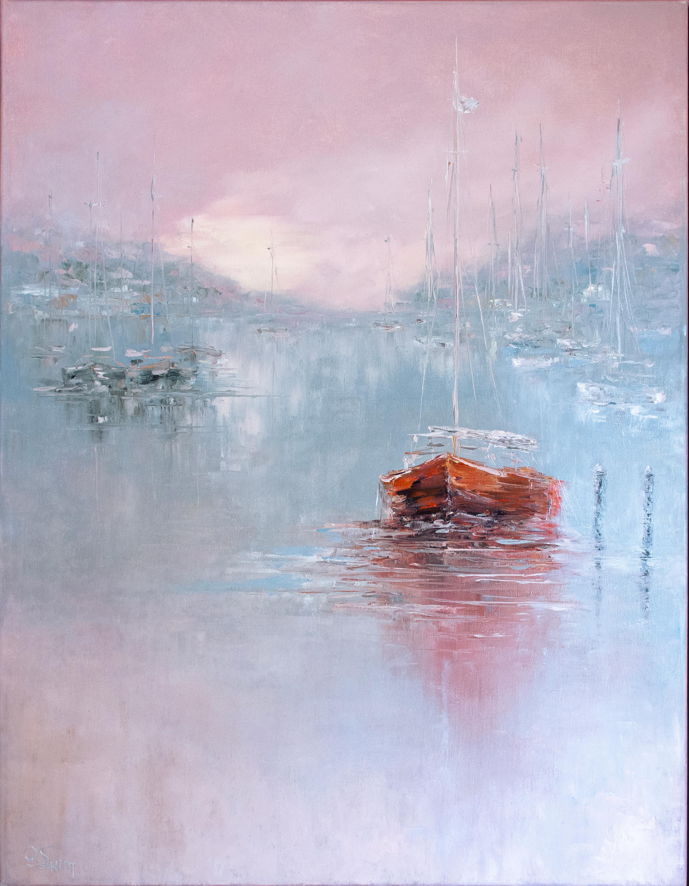 Barche a vela in un'alba nebbiosa II. Pittura ad olio originale - Painting Impressionismo di Oxana Shimanchuk