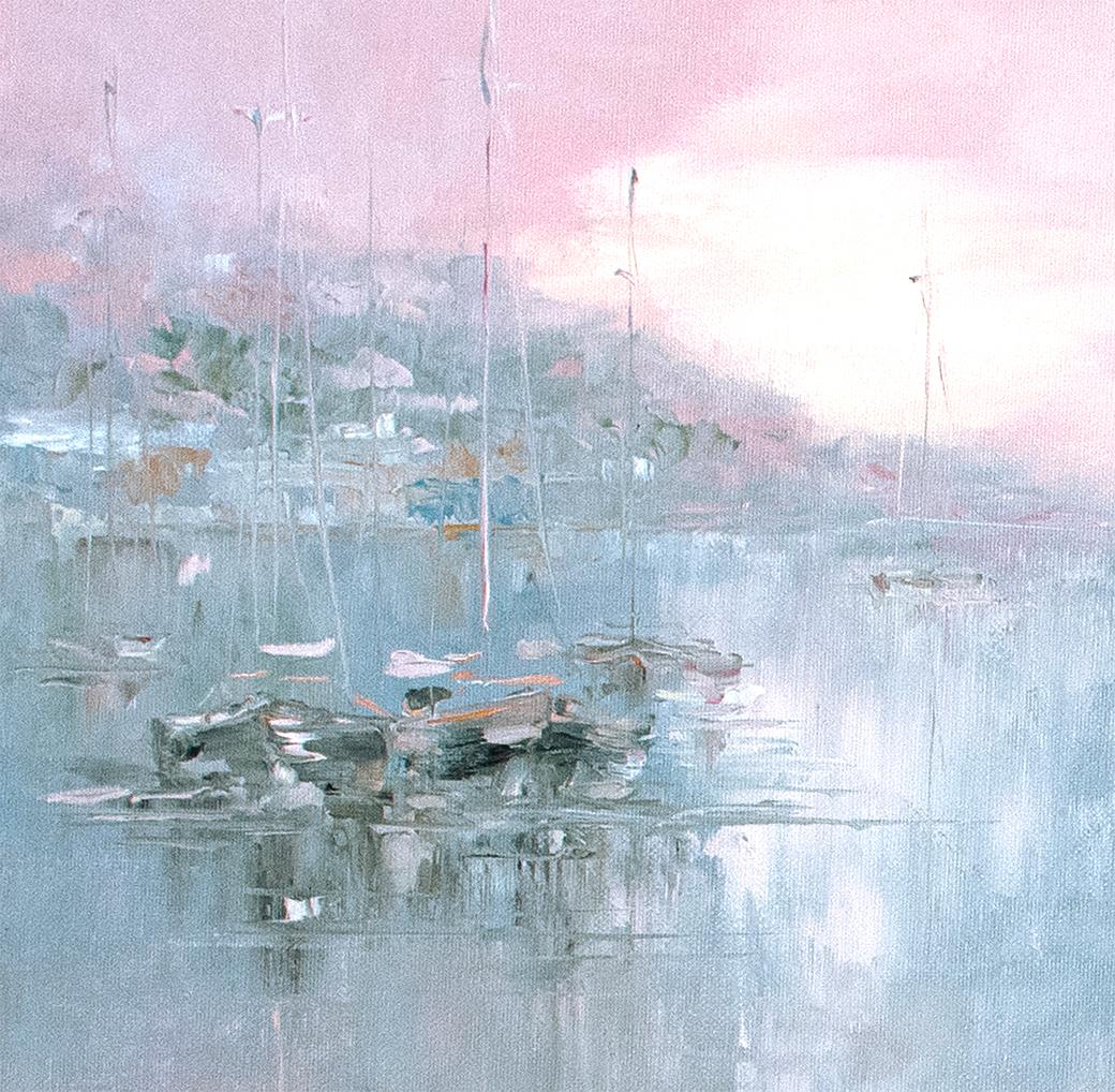 Barche a vela in un'alba nebbiosa II. Pittura ad olio originale - Landscape Painting Grigio di Oxana Shimanchuk