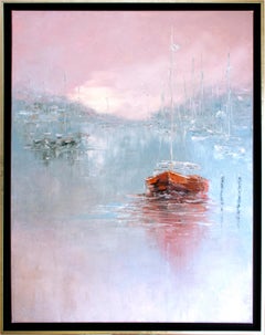 Barche a vela in un'alba nebbiosa II. Pittura ad olio originale
