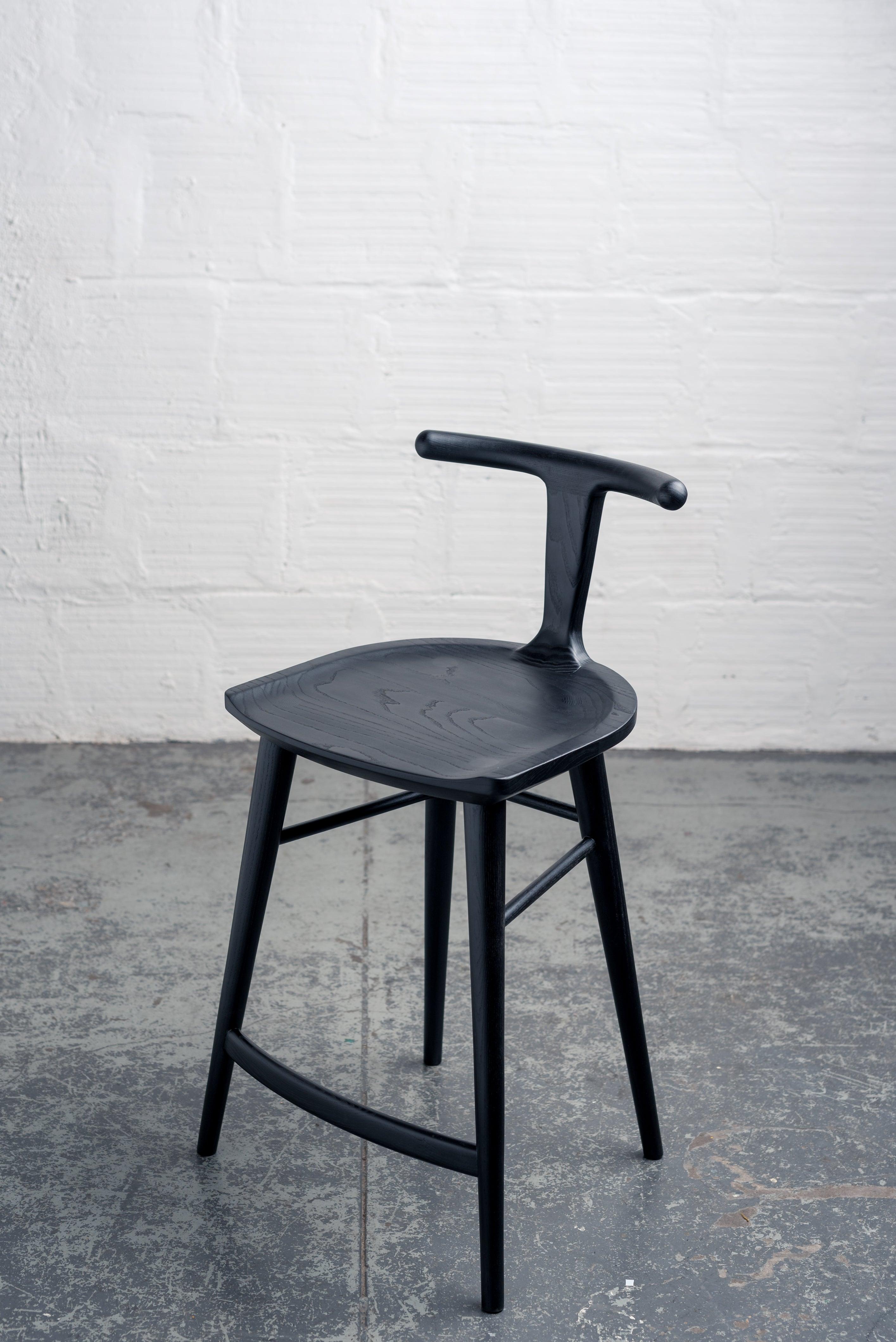 Scandinavian Modern Oxbend Stool, Bar or Counter Seat in Black Charcoal Ashwood For Sale