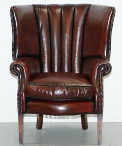 Oxblood Bordeaux Leather Fully Restored Porters Wingback Armchair Chesterfield