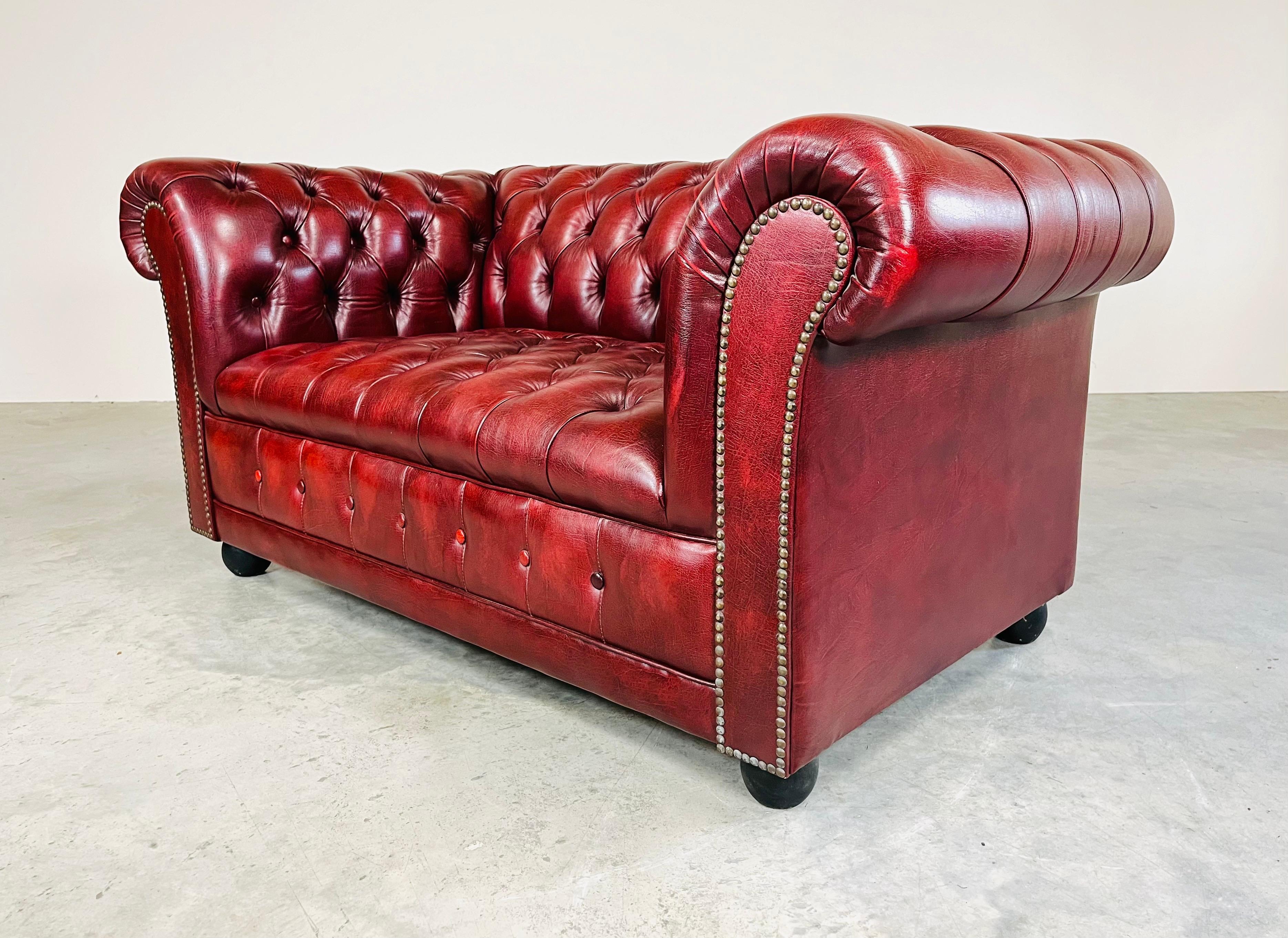 Oxblood Chesterfield Tufted Leather Love Seat Sofa -Great Britain Circa 1970 4