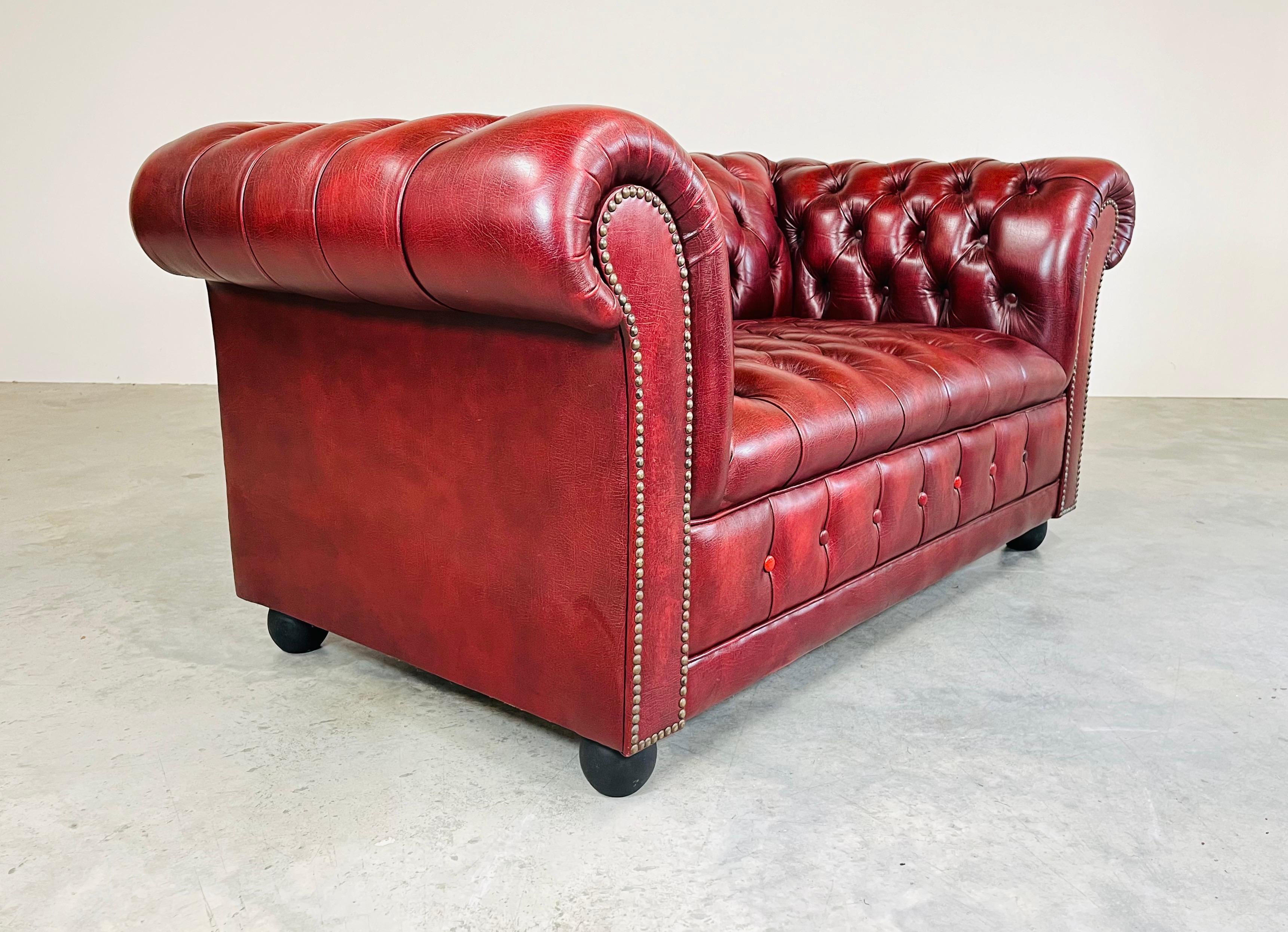 English Oxblood Chesterfield Tufted Leather Love Seat Sofa -Great Britain Circa 1970