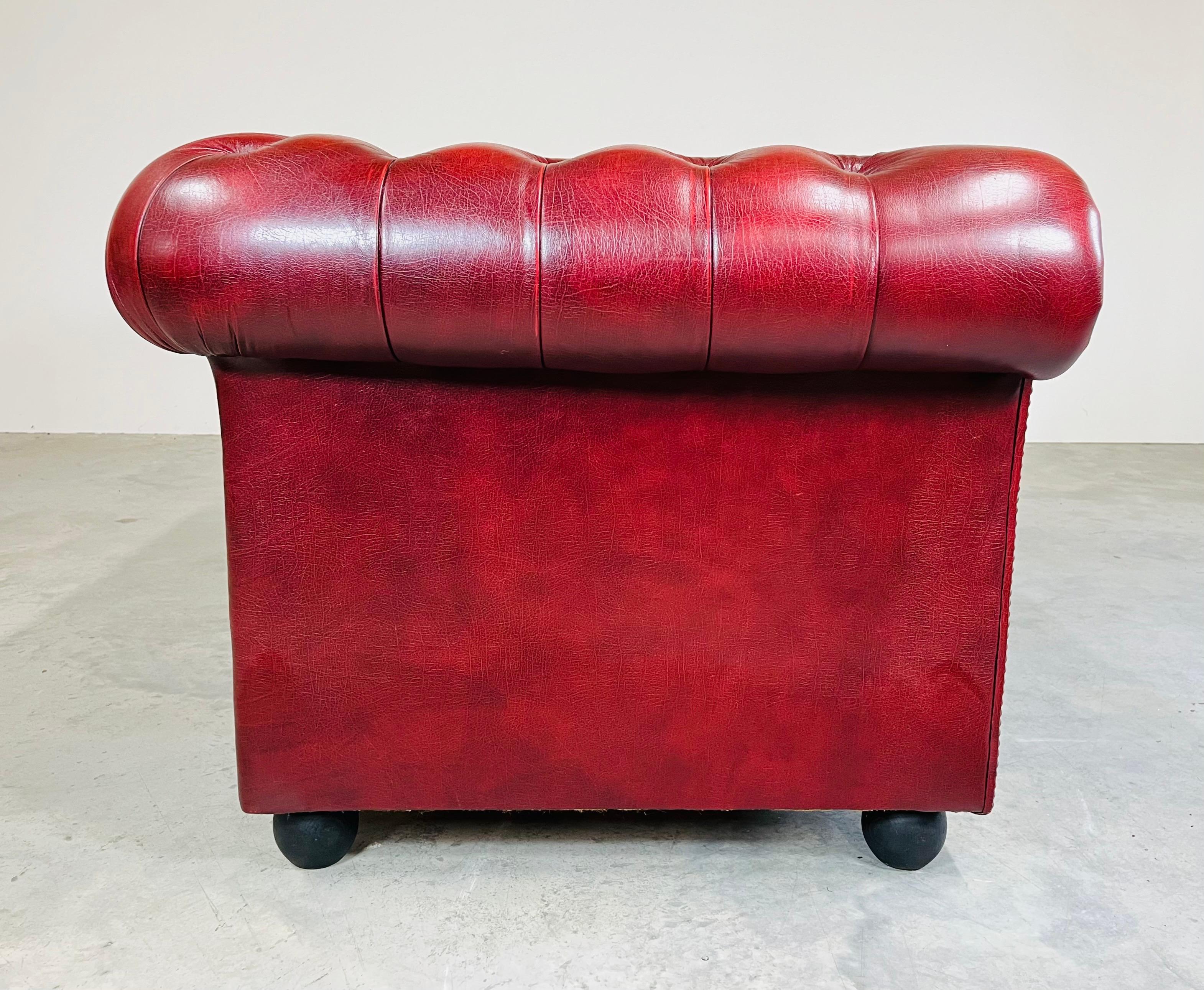 Turned Oxblood Chesterfield Tufted Leather Love Seat Sofa -Great Britain Circa 1970