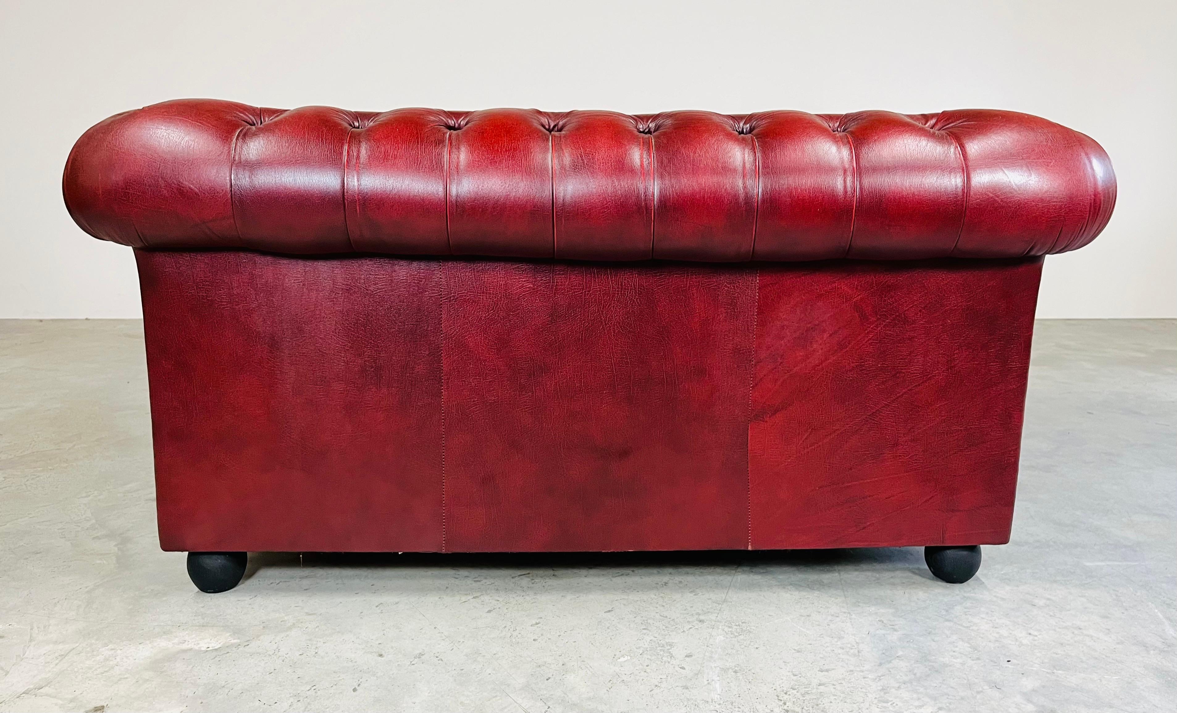 20th Century Oxblood Chesterfield Tufted Leather Love Seat Sofa -Great Britain Circa 1970