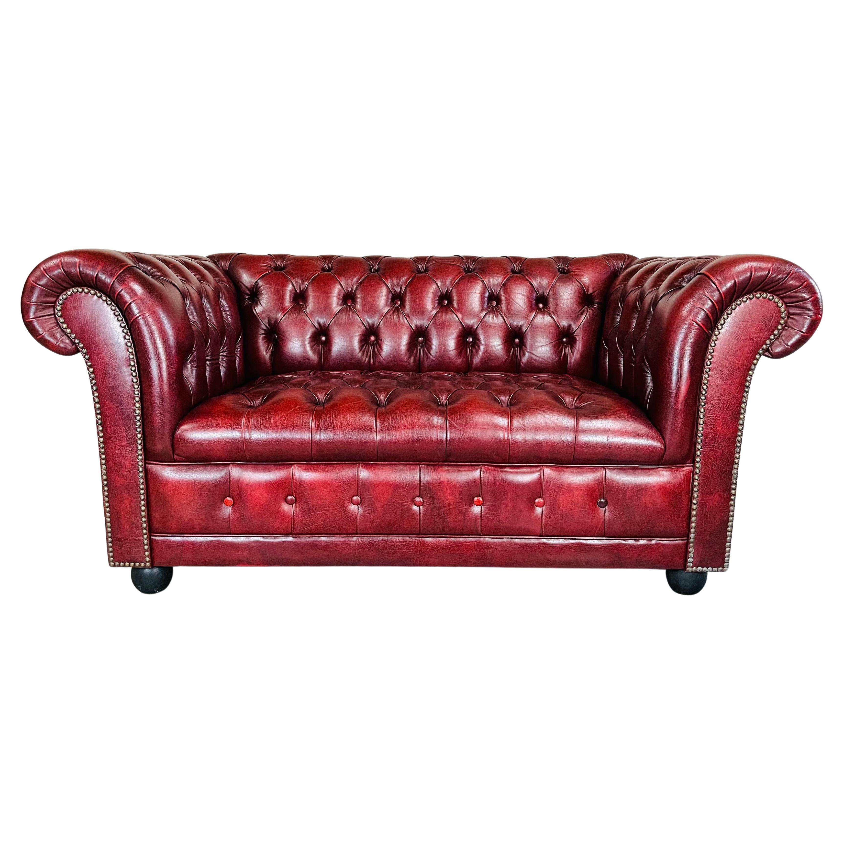 Oxblood Chesterfield Tufted Leather Love Seat Sofa -Great Britain Circa 1970