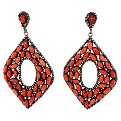 Oxblood Coral and Diamond Open Dangle Earrings