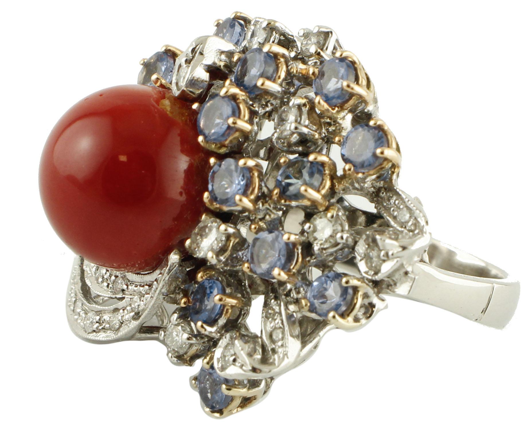 Retro Coral, Blue Sapphires, Diamonds, 14 Karat White Gold Cocktail Ring