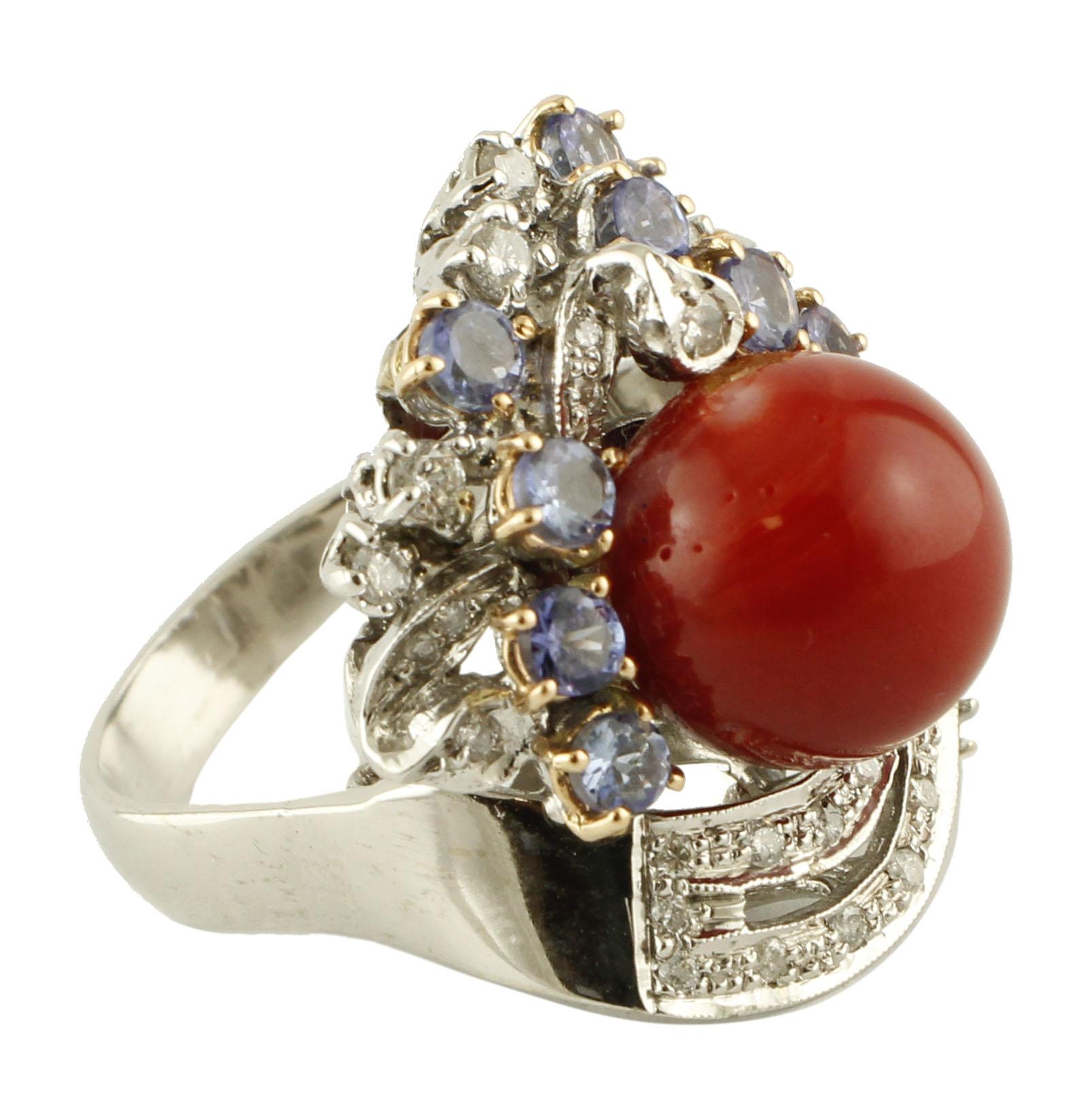 Mixed Cut Coral, Blue Sapphires, Diamonds, 14 Karat White Gold Cocktail Ring