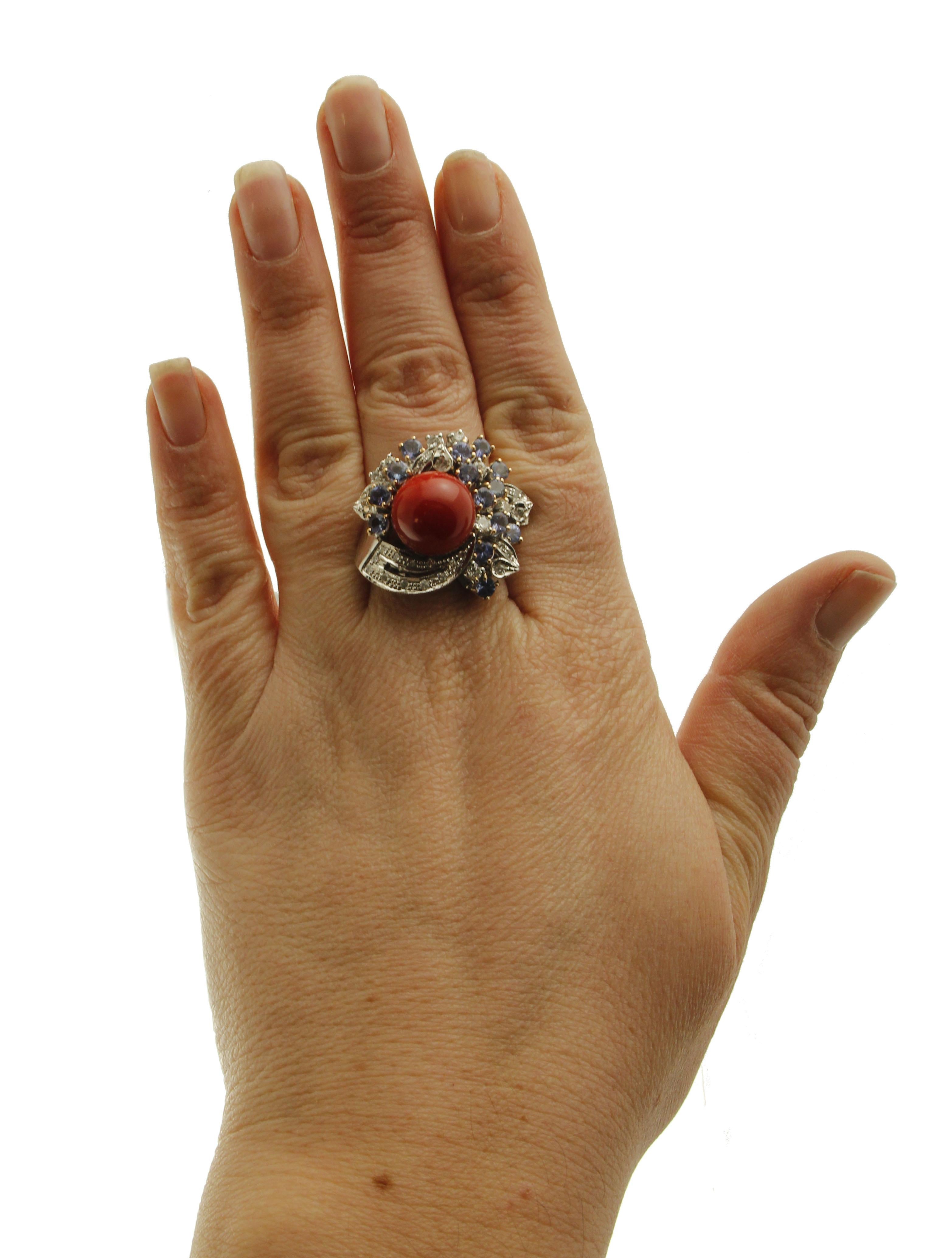 Women's Coral, Blue Sapphires, Diamonds, 14 Karat White Gold Cocktail Ring