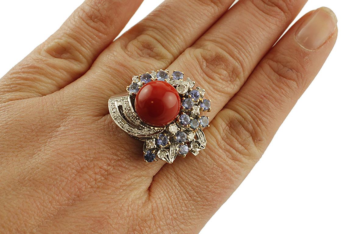 Coral, Blue Sapphires, Diamonds, 14 Karat White Gold Cocktail Ring 1