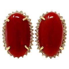 Oxblood Coral Cabochon with Diamond Halo Earrings in 14K Circa 1980