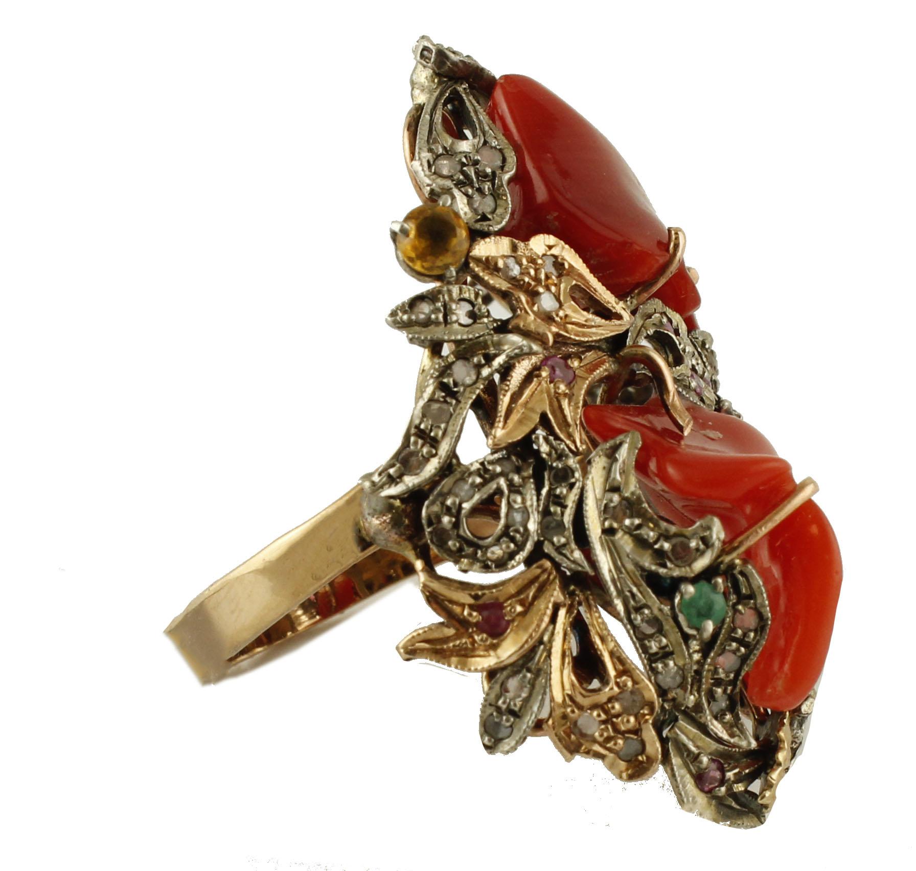 Mixed Cut Corals, Diamonds, Rubies, Emeralds, Gold and Silver Retro Cocktail Ring