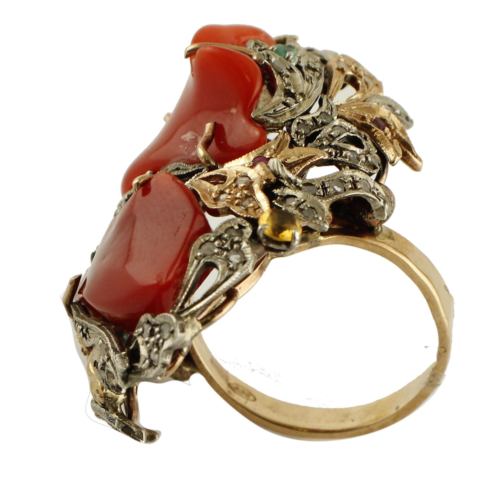 Women's Corals, Diamonds, Rubies, Emeralds, Gold and Silver Retro Cocktail Ring