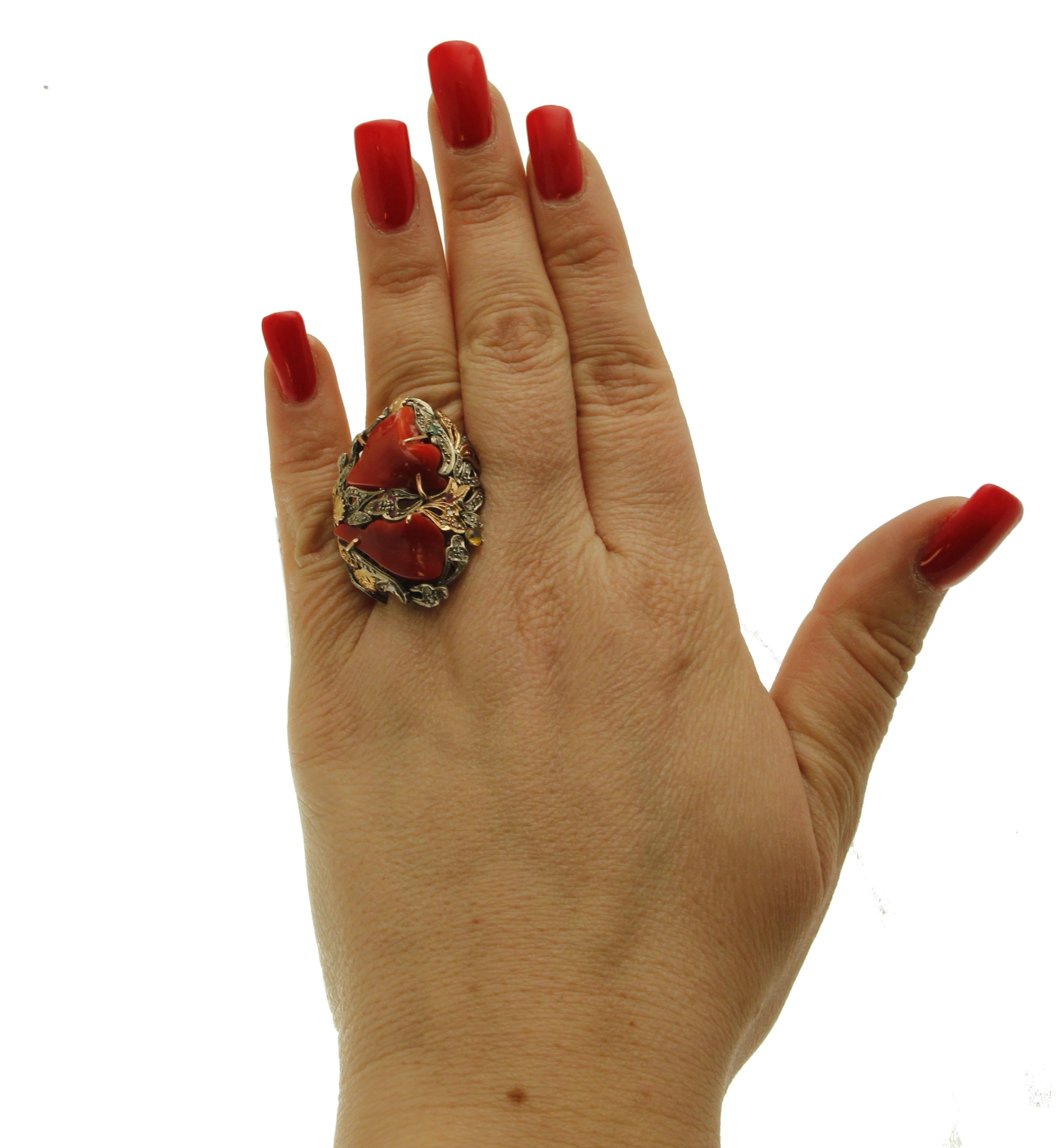 Corals, Diamonds, Rubies, Emeralds, Gold and Silver Retro Cocktail Ring 1