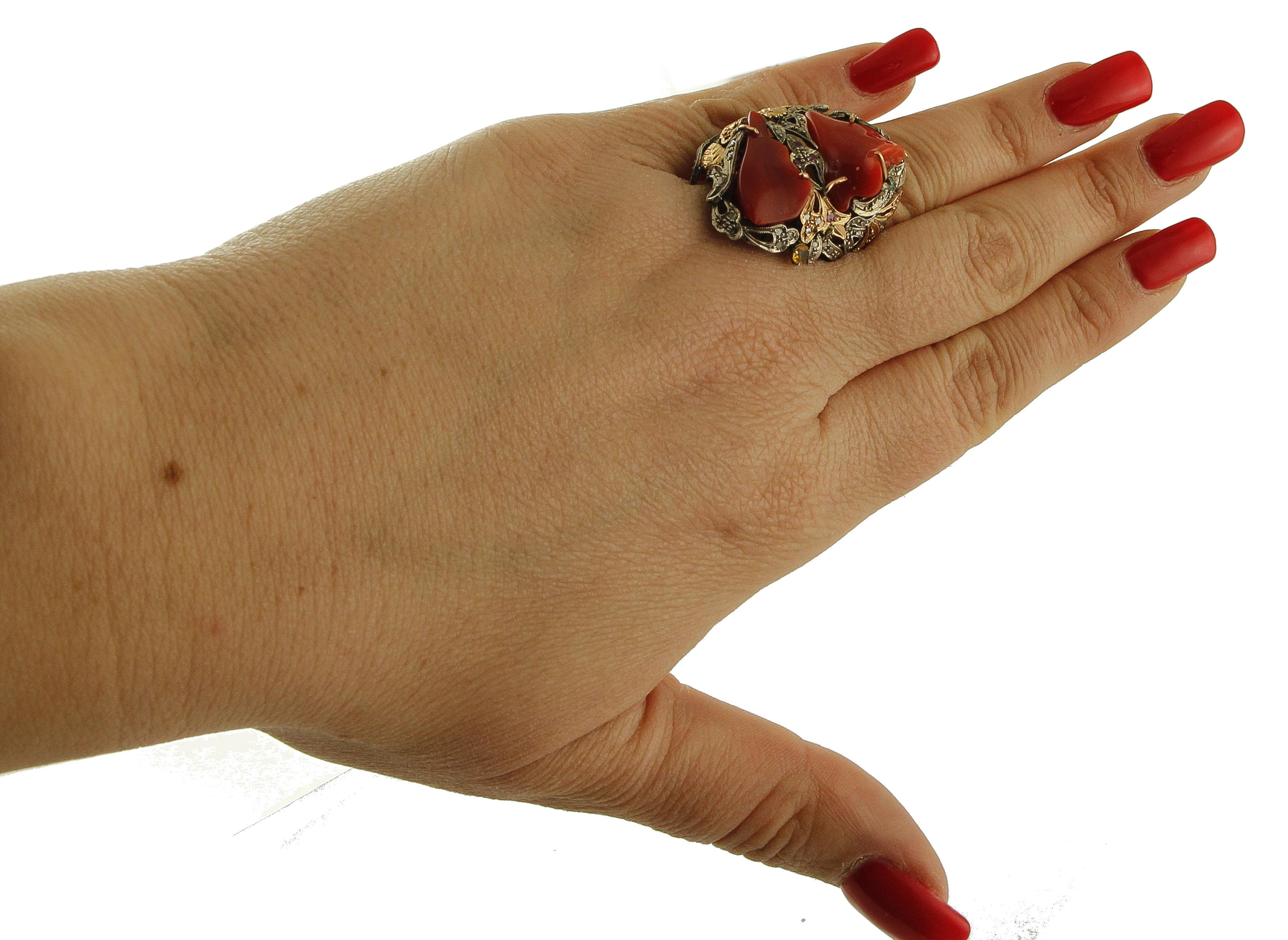Corals, Diamonds, Rubies, Emeralds, Gold and Silver Retro Cocktail Ring 2
