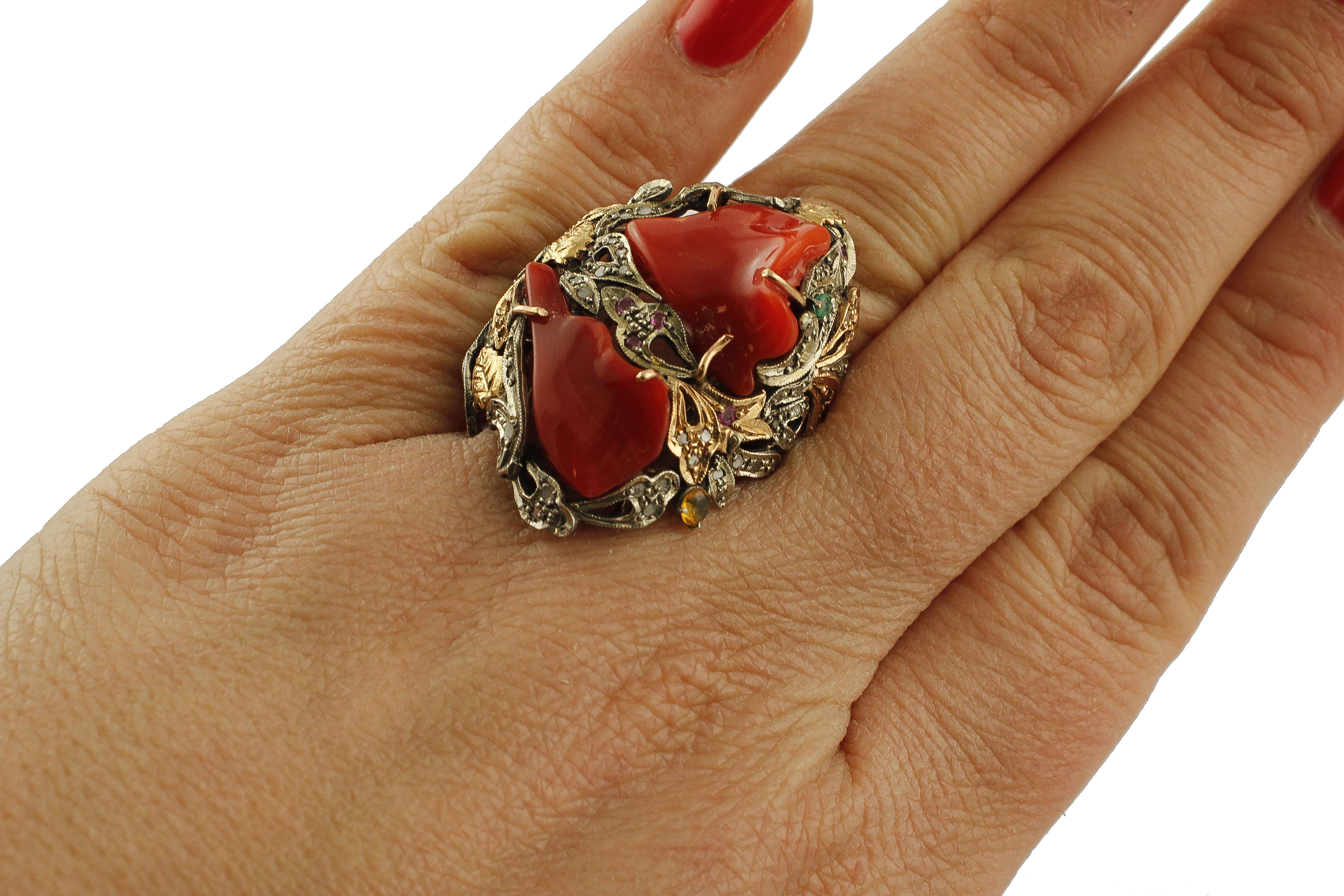 Corals, Diamonds, Rubies, Emeralds, Gold and Silver Retro Cocktail Ring 3