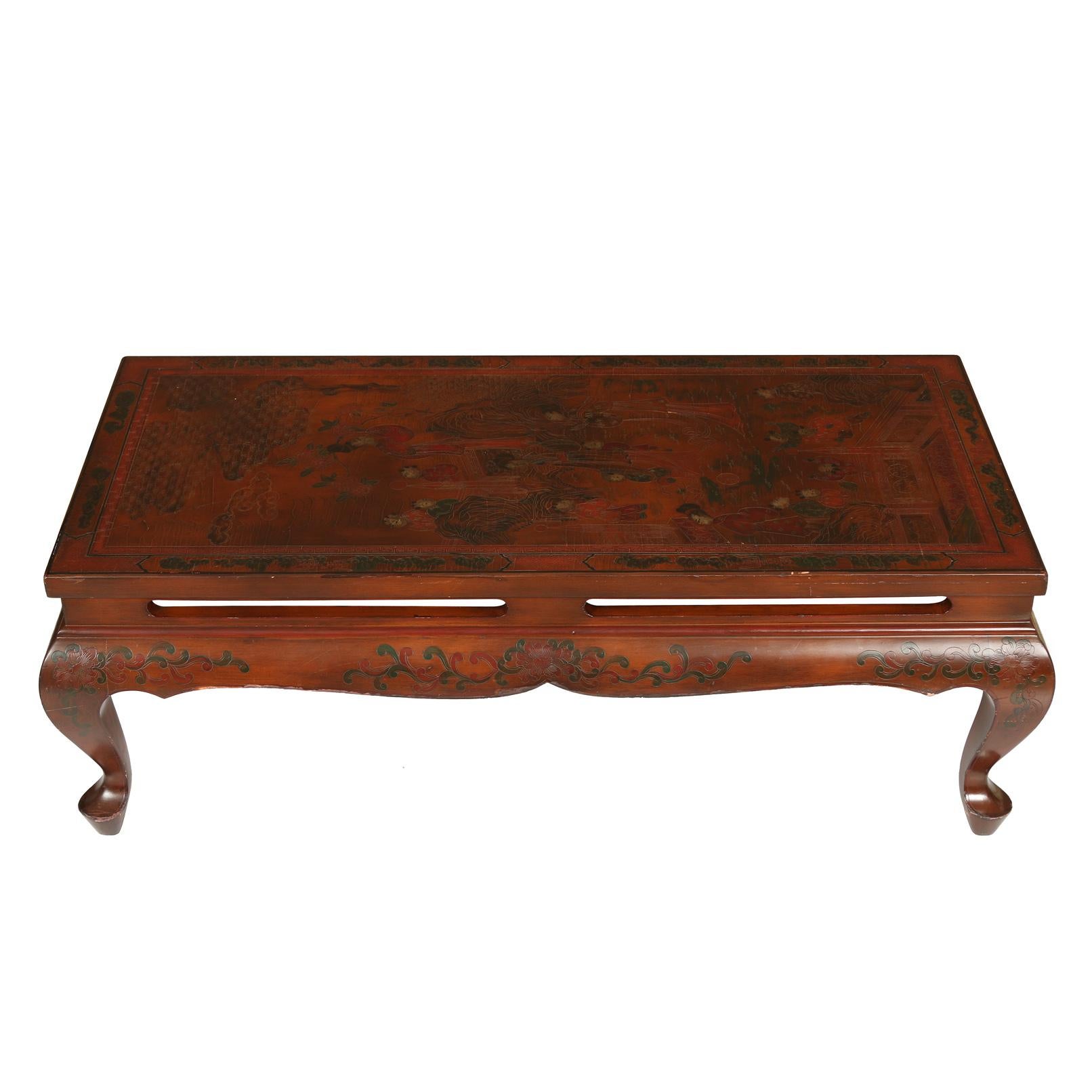 Hand-Painted Oxblood Lacquered Chinoiserie Low Table with Painted Detail For Sale