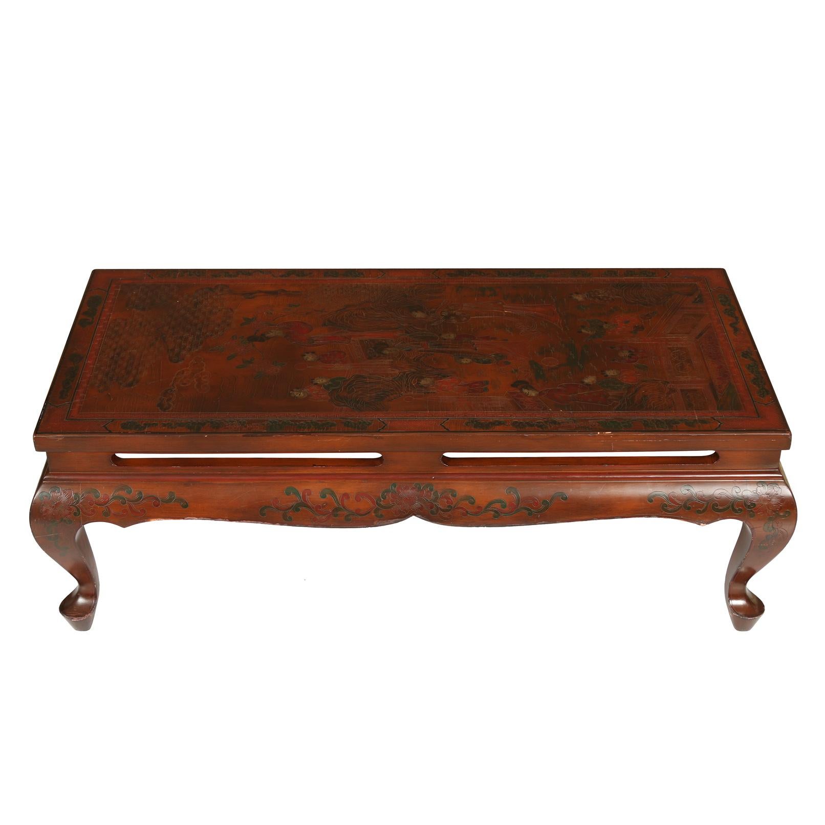 Oxblood lackierter Chinoiserie-Tisch mit gemalten Details (Handbemalt) im Angebot