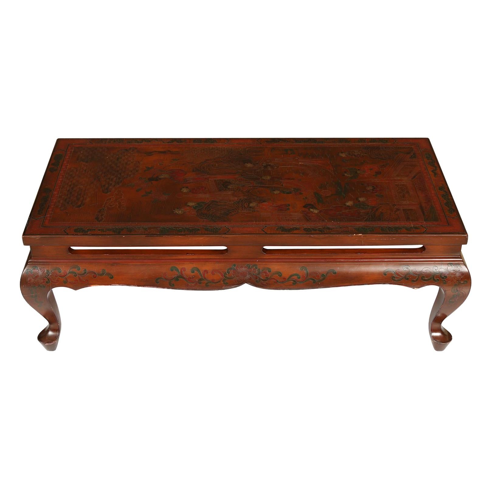 Oxblood Lacquered Chinoiserie Low Table with Painted Detail For Sale