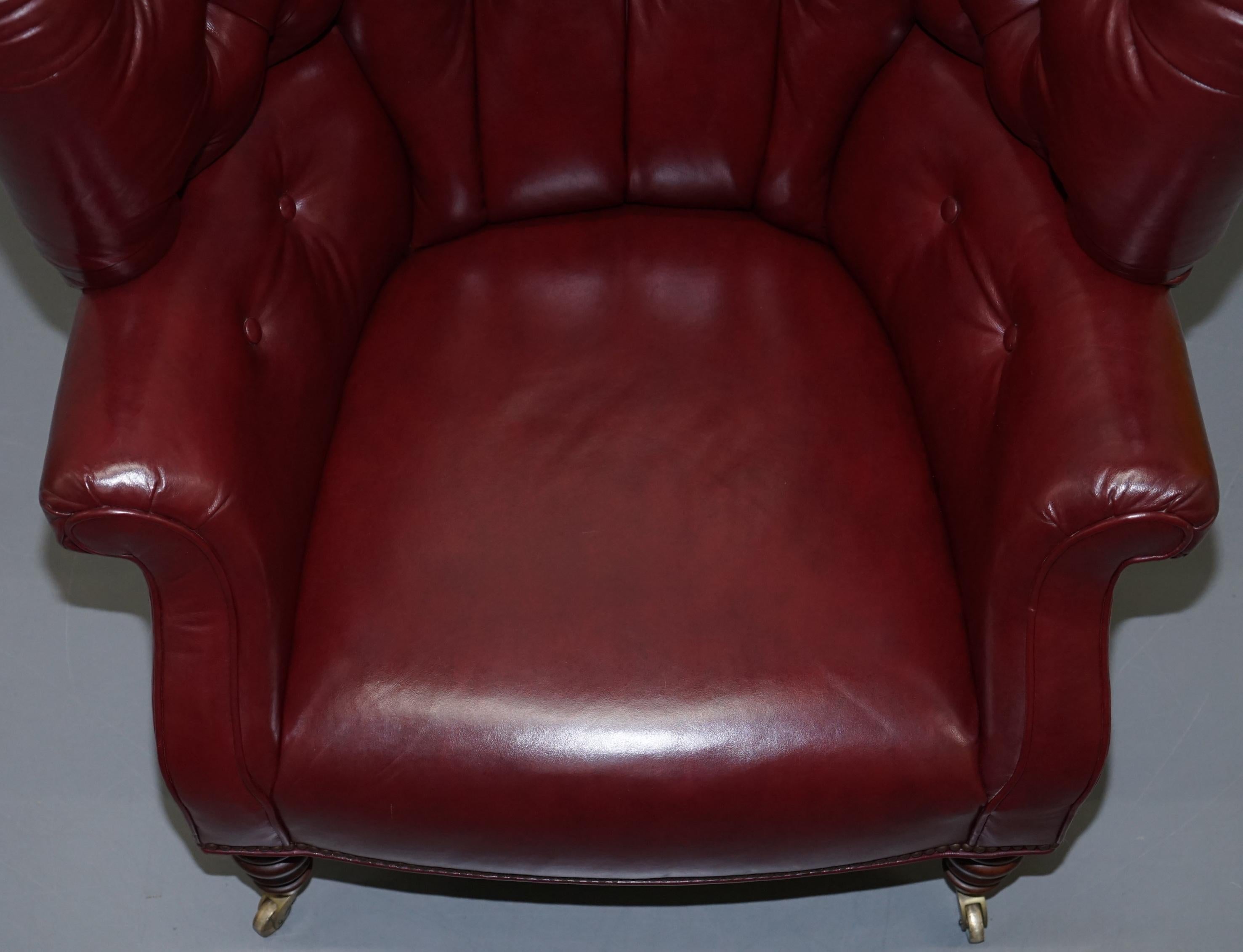 English Oxblood Leather Baker Furniture Chesterfield Porters Barrel Armchair For Sale