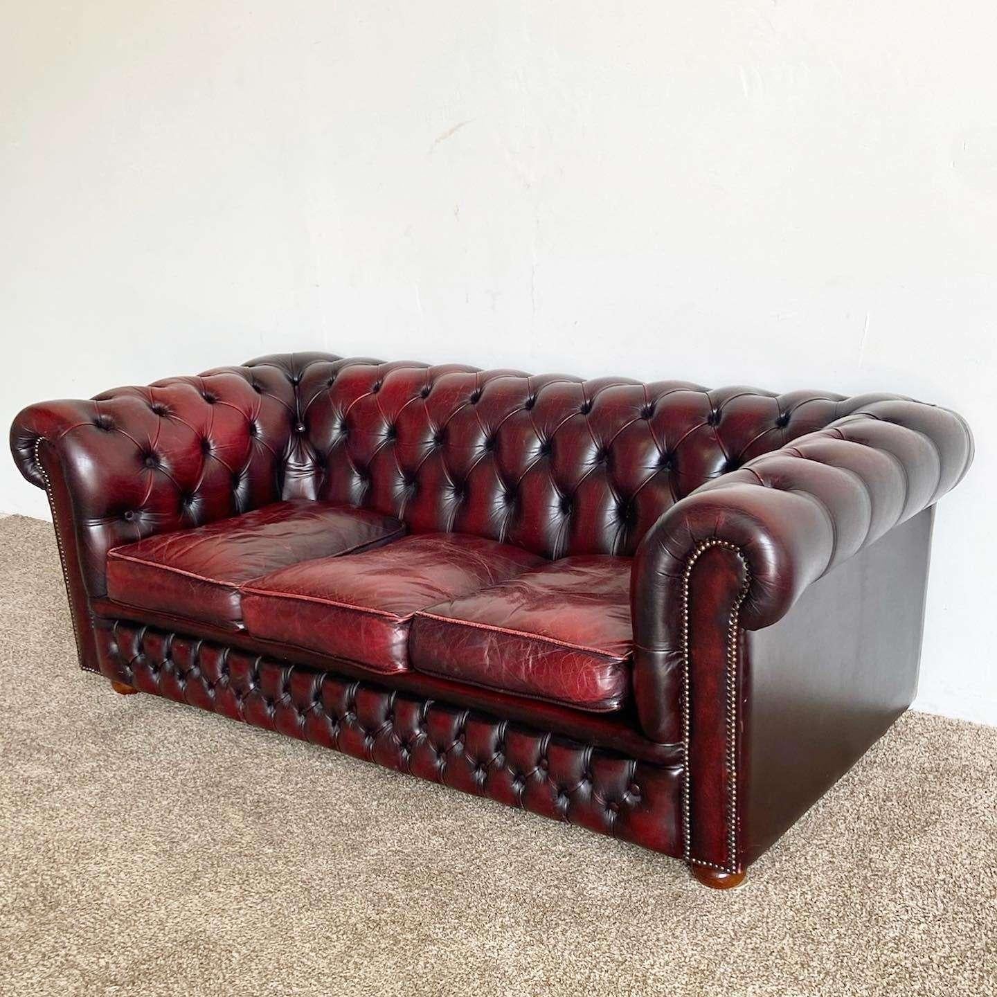 Oxblood Leather Chesterfield Rolled Arm Sofa For Sale at 1stDibs