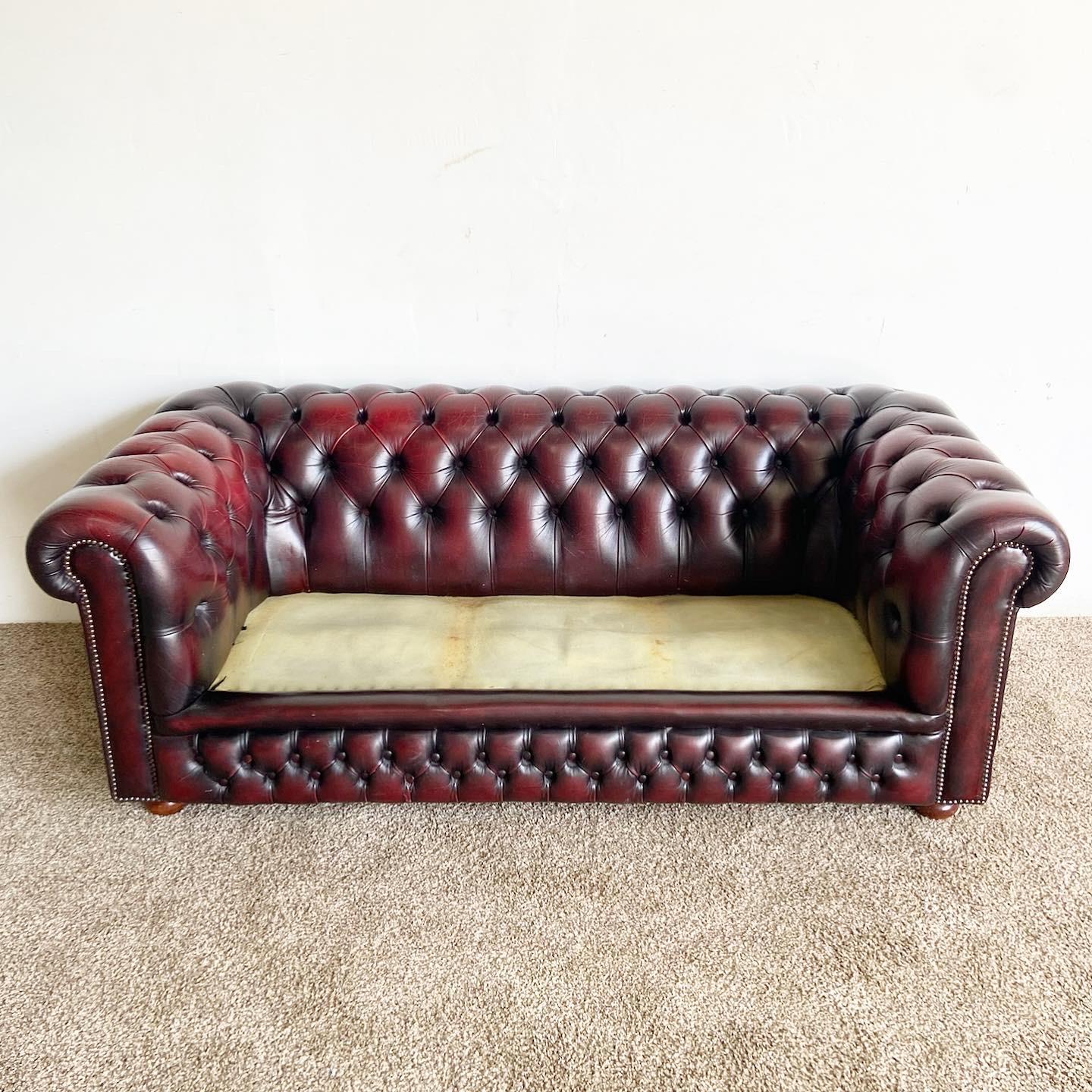 Oxblood Leather Chesterfield Rolled Arm Sofa For Sale at 1stDibs