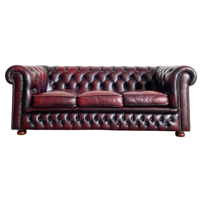 Oxblood Leather Chesterfield Rolled Arm Sofa For Sale at 1stDibs