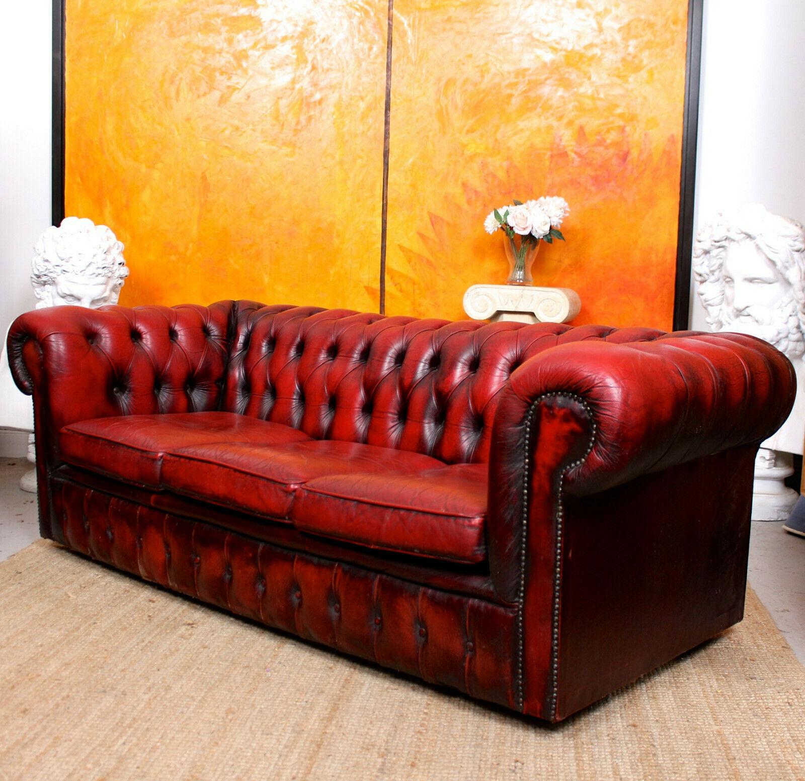 English Oxblood Leather Chesterfield Sofa 3-Seat Club Settee