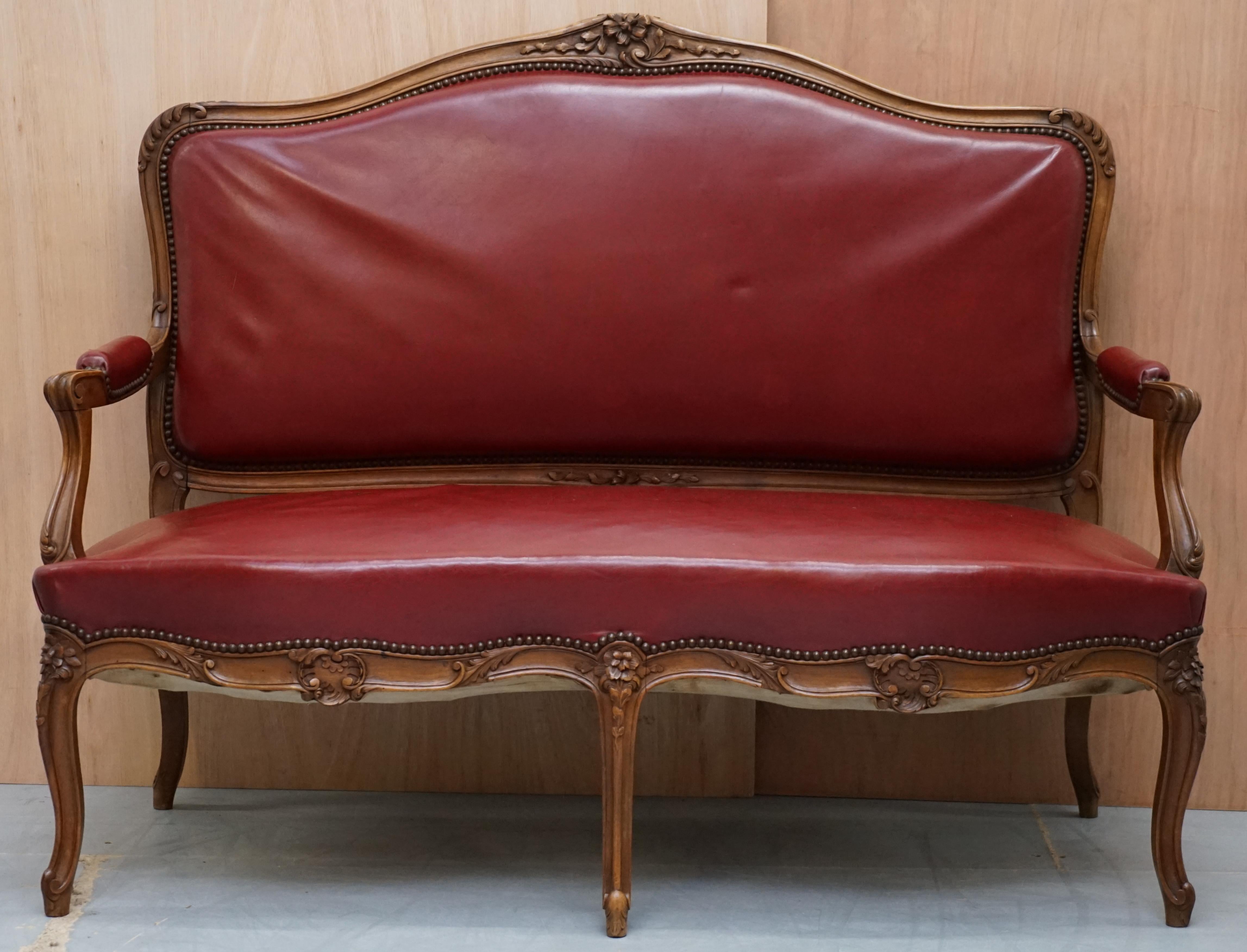 Hand-Crafted Oxblood Leather French Louis XV Style Salon Suite Walnut Armchairs & Sofa Settee For Sale