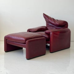 Oxblood Leather Maralunga Chair + Ottoman by Vico Magistretti for Cassina