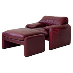 Oxblood Leather Maralunga Chair + Ottoman by Vico Magistretti for Cassina