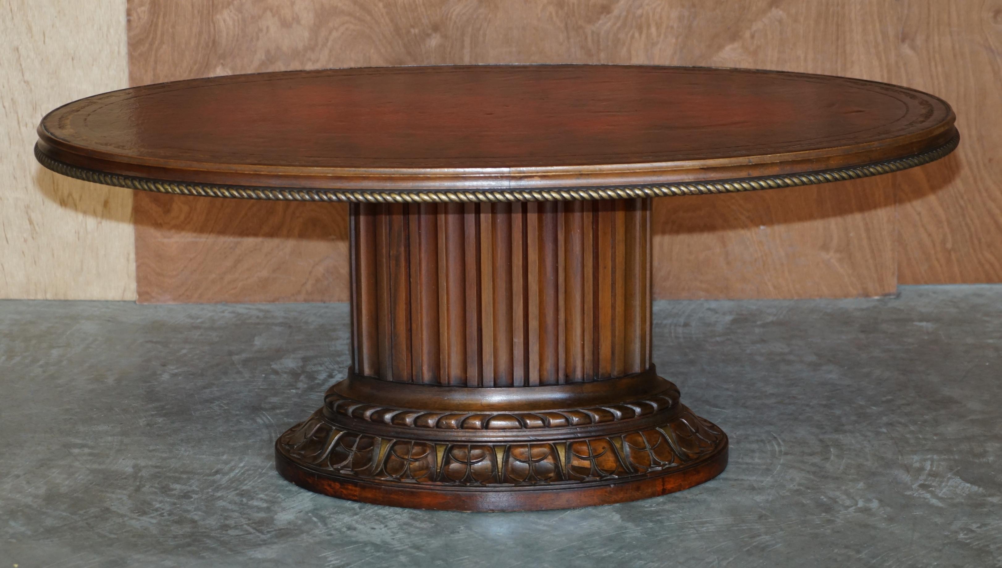 Victorian Oxblood Leather Oval Roman Pedestal Base Coffee or Cocktail Table Nice Find