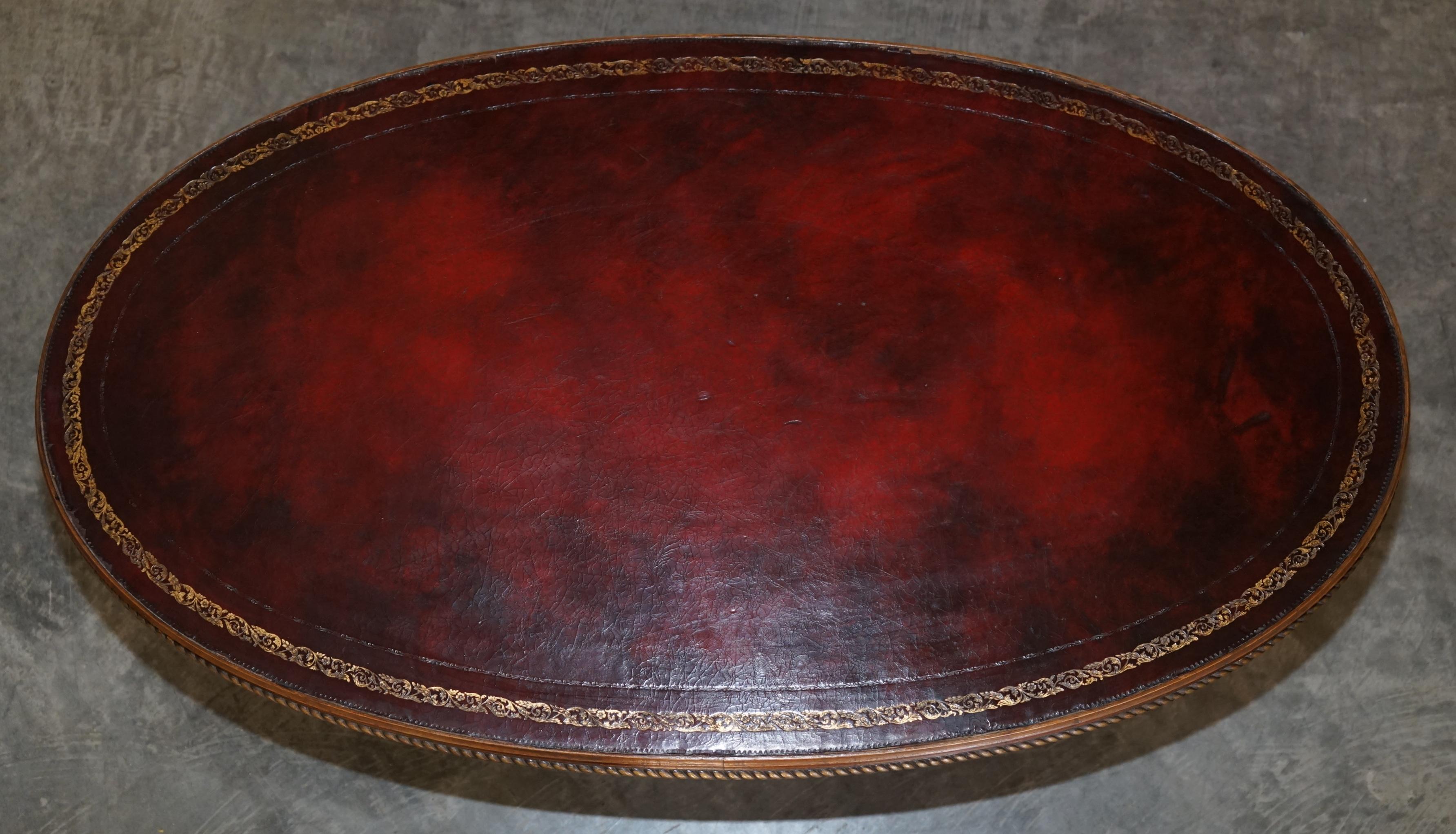 English Oxblood Leather Oval Roman Pedestal Base Coffee or Cocktail Table Nice Find