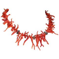 Oxblood Red Branch Coral and Silver Bead Necklace - 16", 1970s