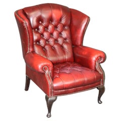 Oxblood Tufted Leather Chesterfield Style Wing Chair Queen Anne, circa 1960