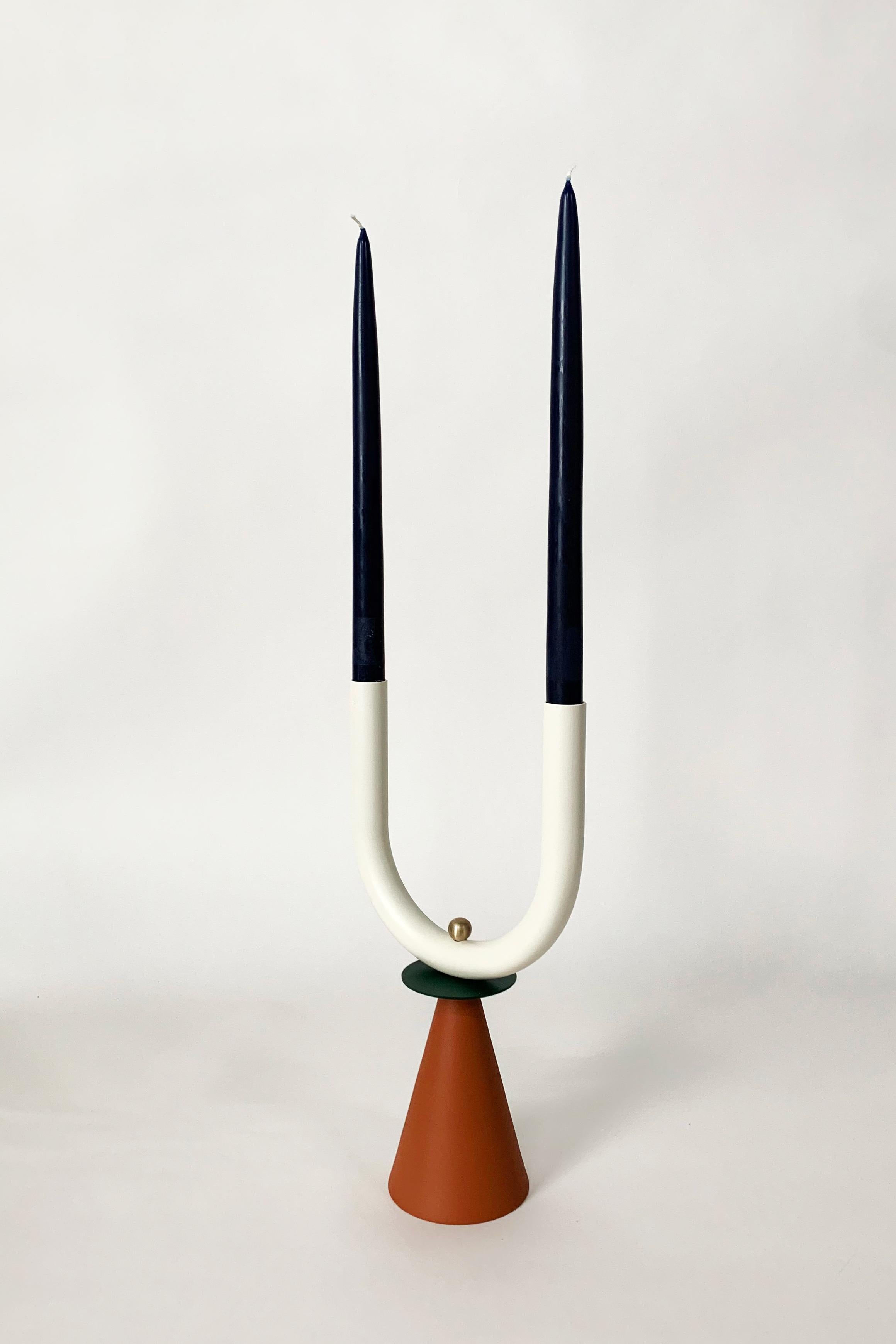 Post-Modern Oxbow Candlestick in Lacquered Steel and Satin Brushed Brass by Steven Bukowski