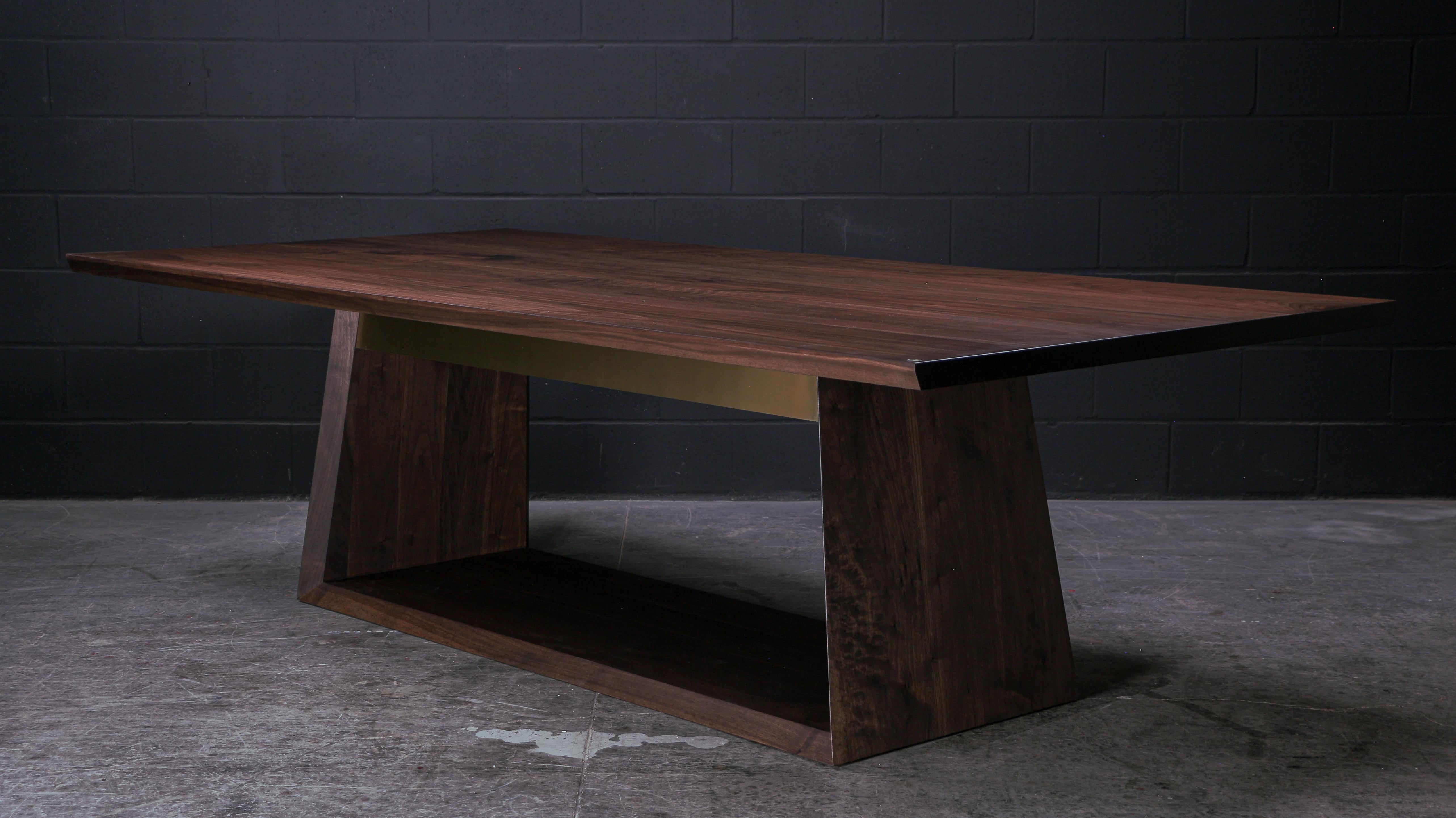Modern Oxford Dining Table, by Ambrozia, Solid Smokey Walnut and Polished Brass For Sale