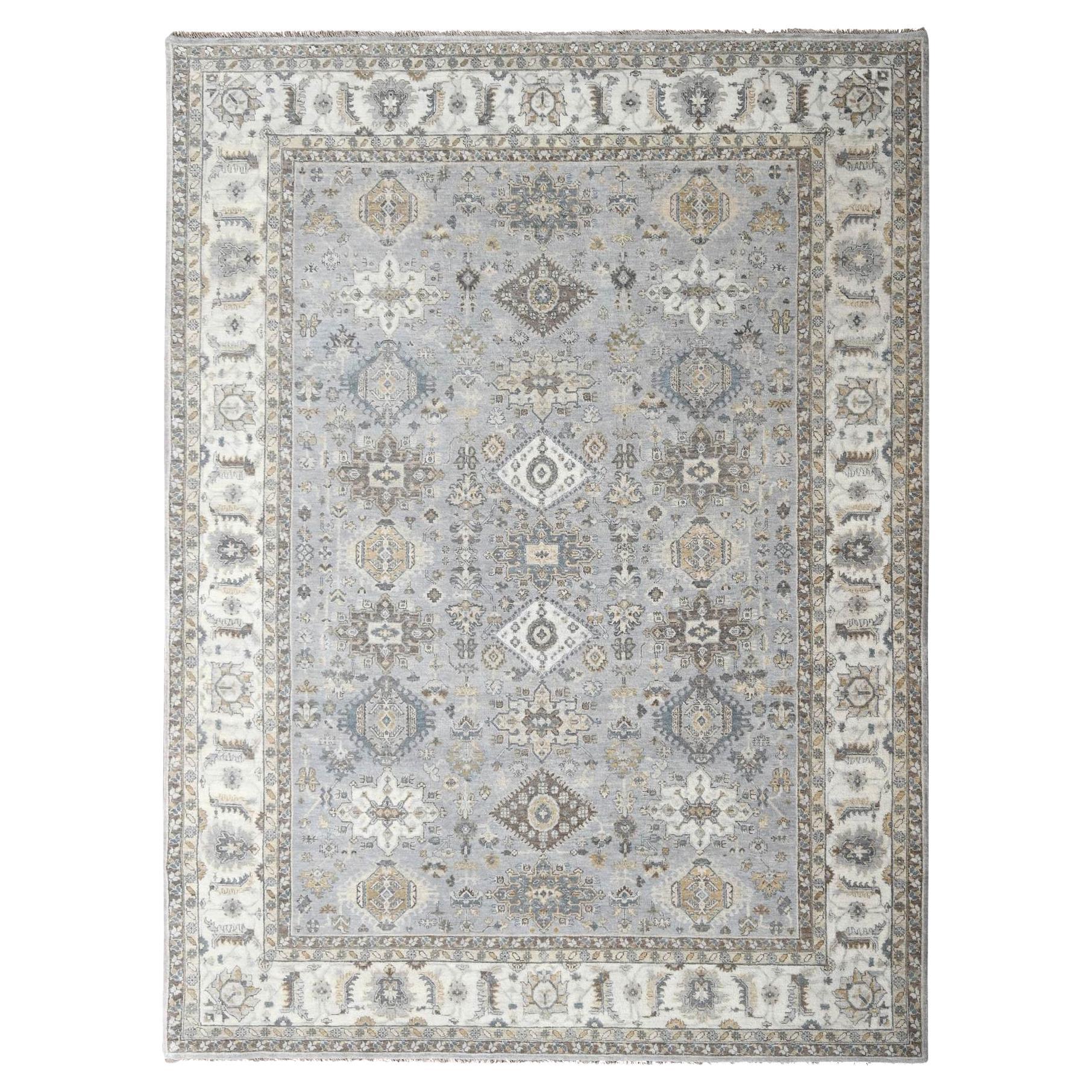 Oxford Gray Hand Knotted Karajeh Design Soft Wool Oriental Rug 9'0" x 11'10"
